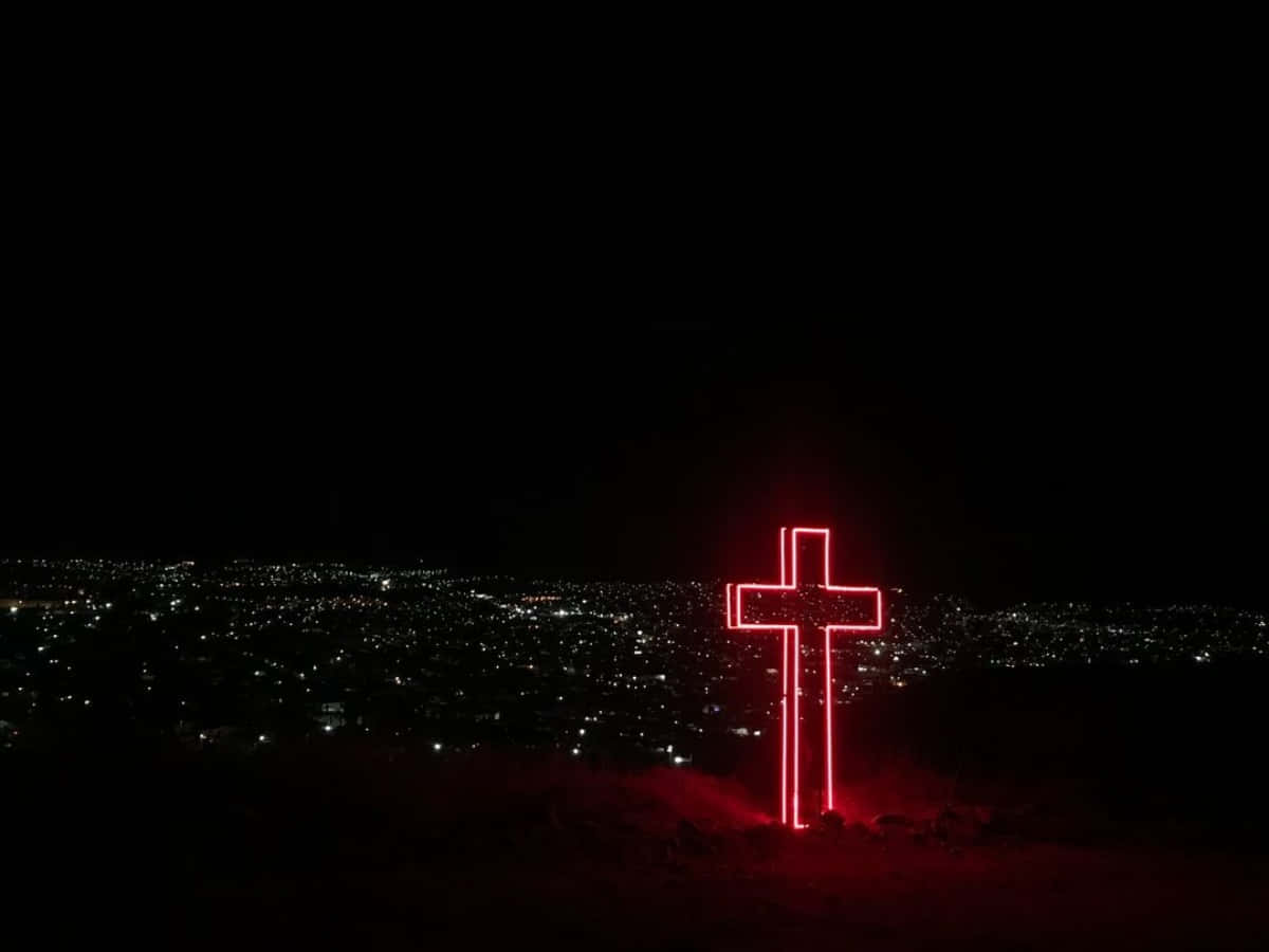 Beautiful Cross, red neon light, dark hill, SD Desktop Wallpaper