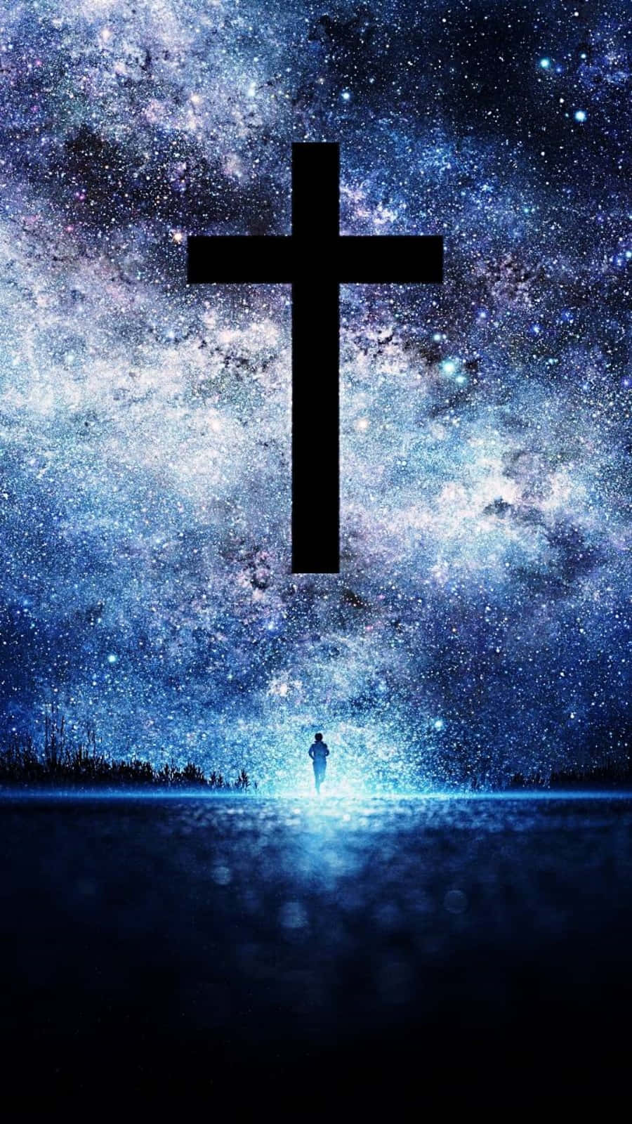 silver cross, massive black cross, swirling blue starfield, HD Phone Wallpaper