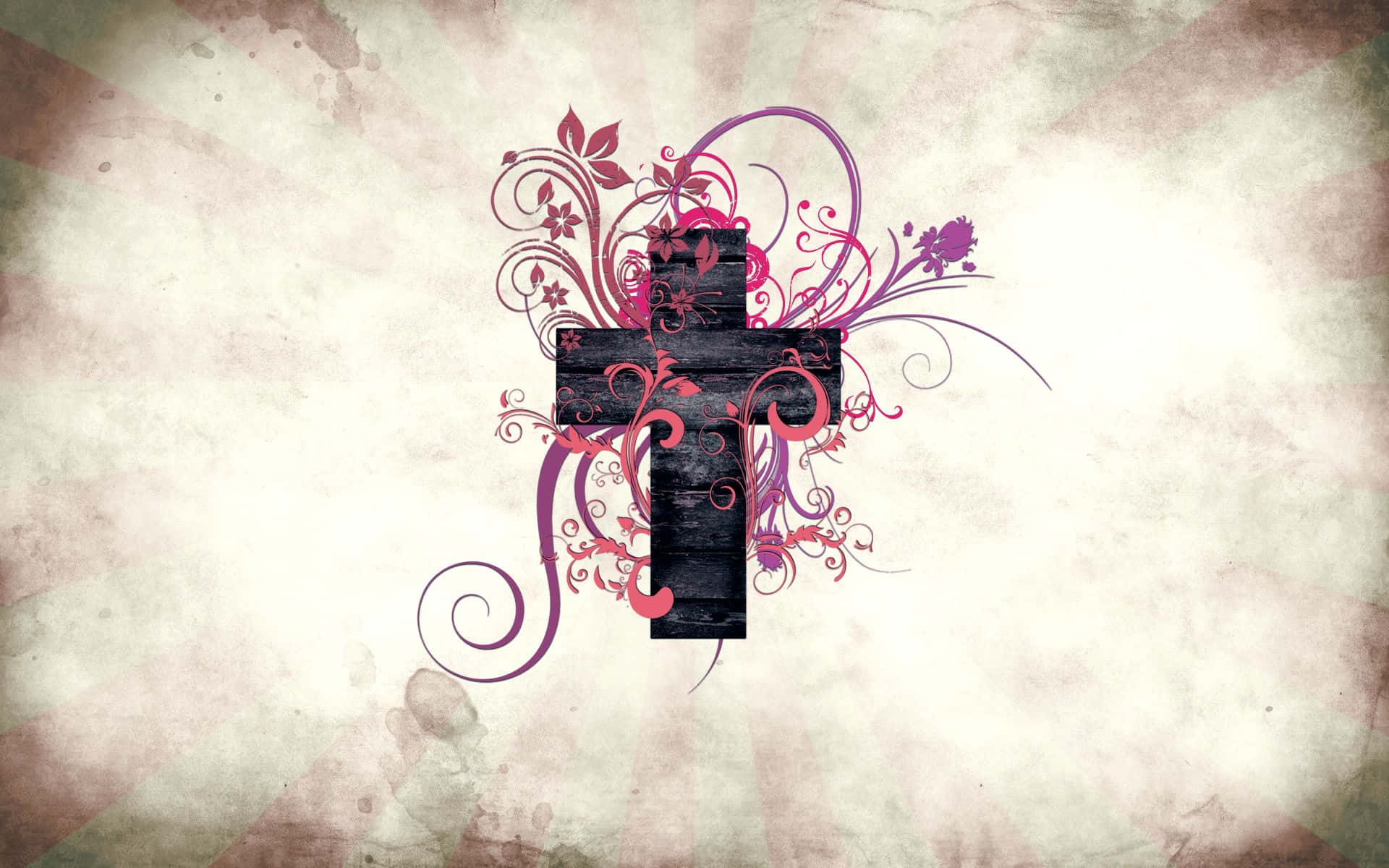 beautiful cross, dark wooden cross, vibrant pink and purple floral swirls, Full HD Desktop Wallpaper