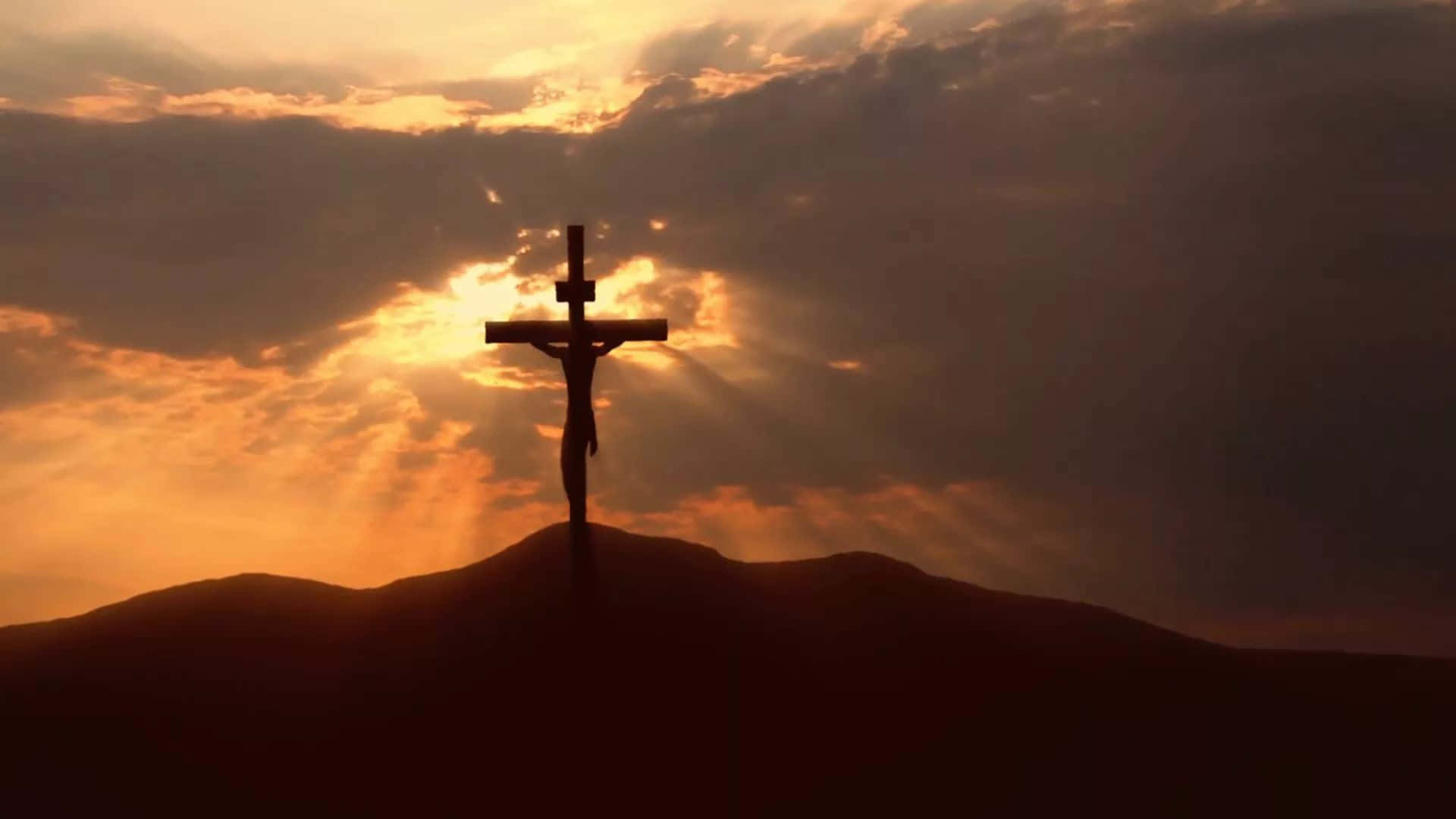 Beautiful Cross, Sunset, Golden rays, Full HD Desktop Wallpaper