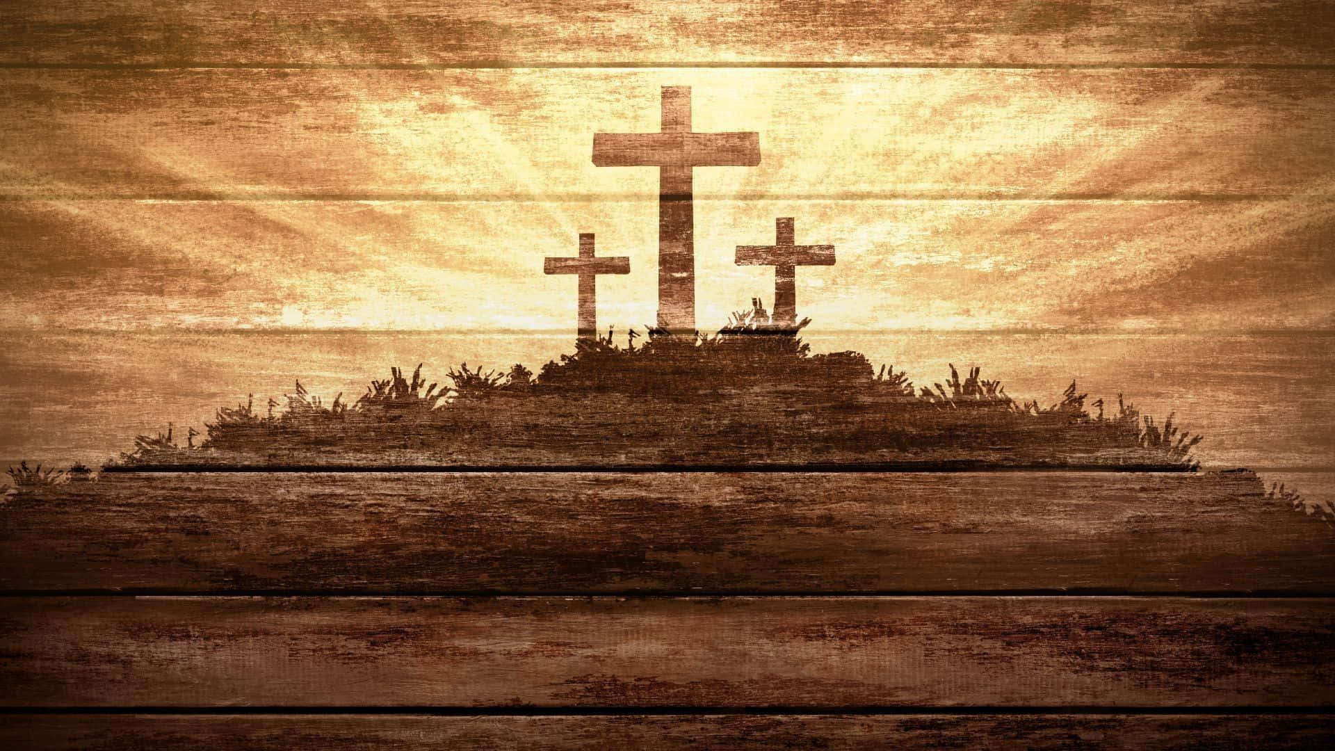 Beautiful Cross, wooden surface, golden sky, Full HD Desktop Wallpaper
