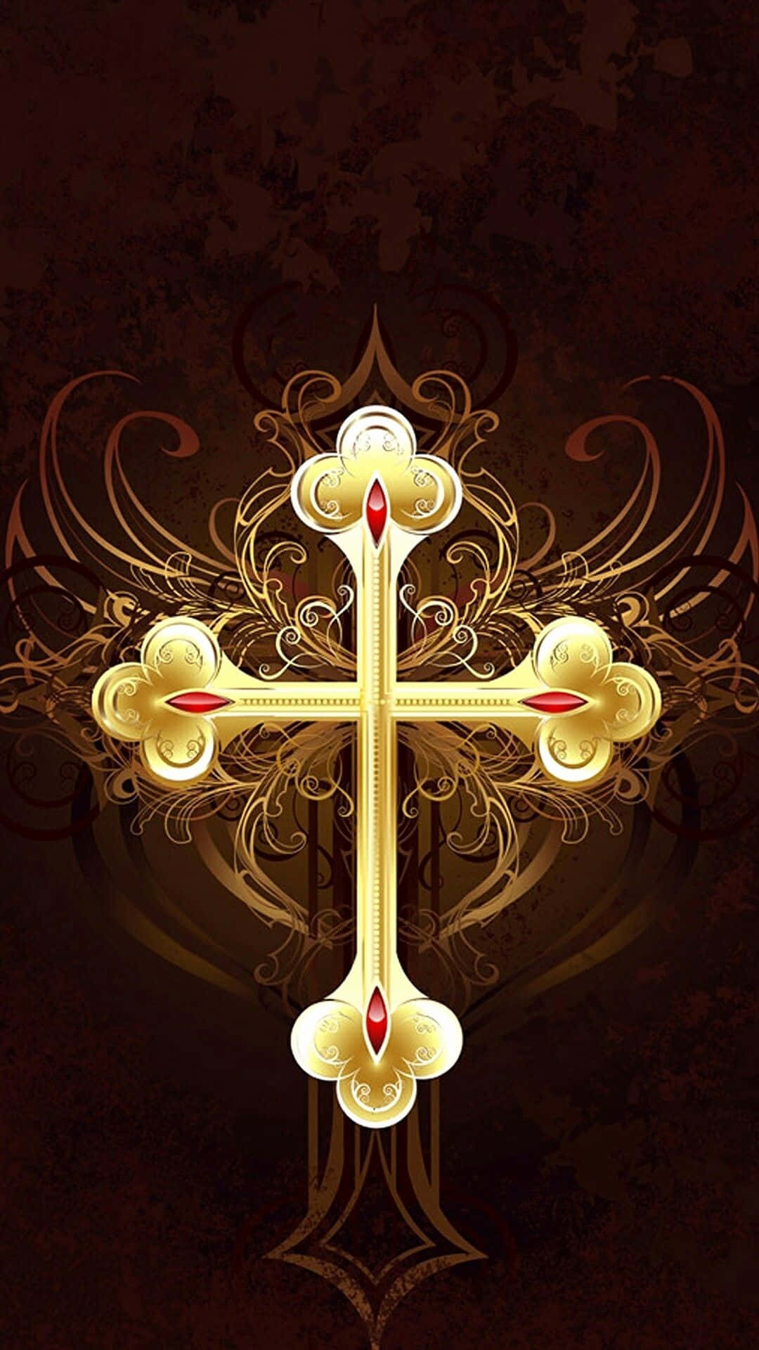 golden cross, red gemstones, intricate swirls, Full HD Phone Wallpaper