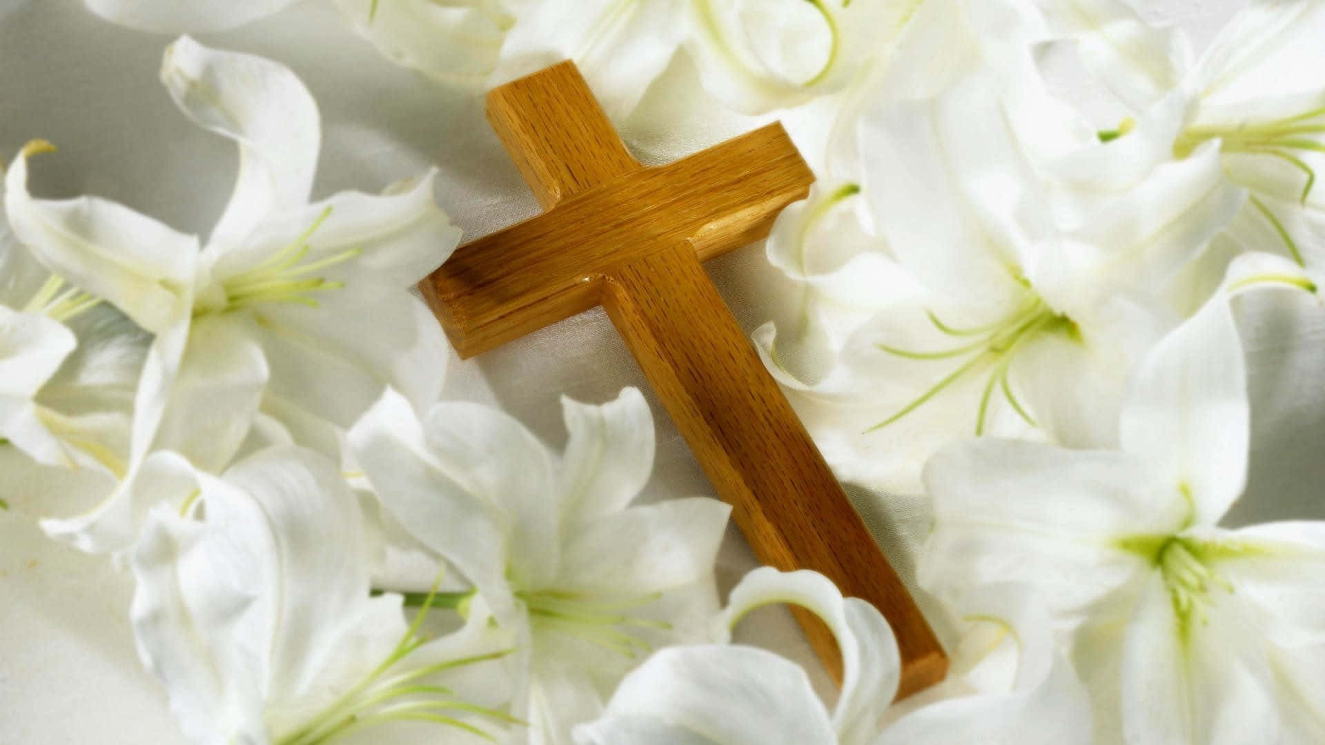 Beautiful Cross, wooden cross, white lilies, Full HD Desktop Wallpaper