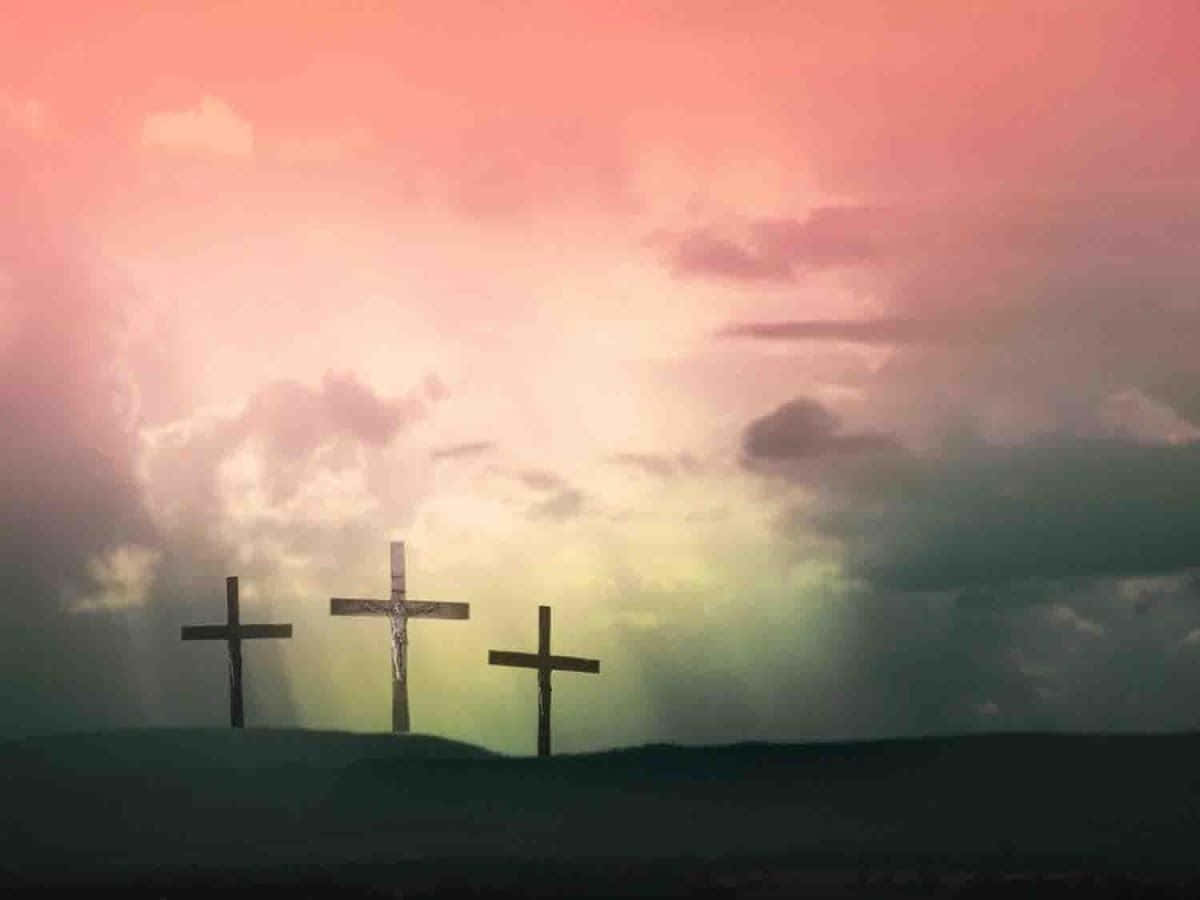 Cross, pink and green sunset, dark hill, SD Desktop Wallpaper