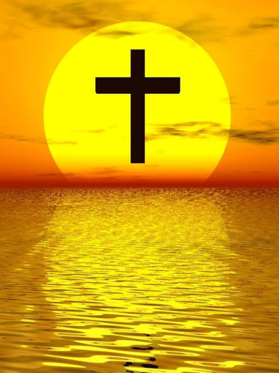 black cross, golden sun, ocean, SD Phone Wallpaper