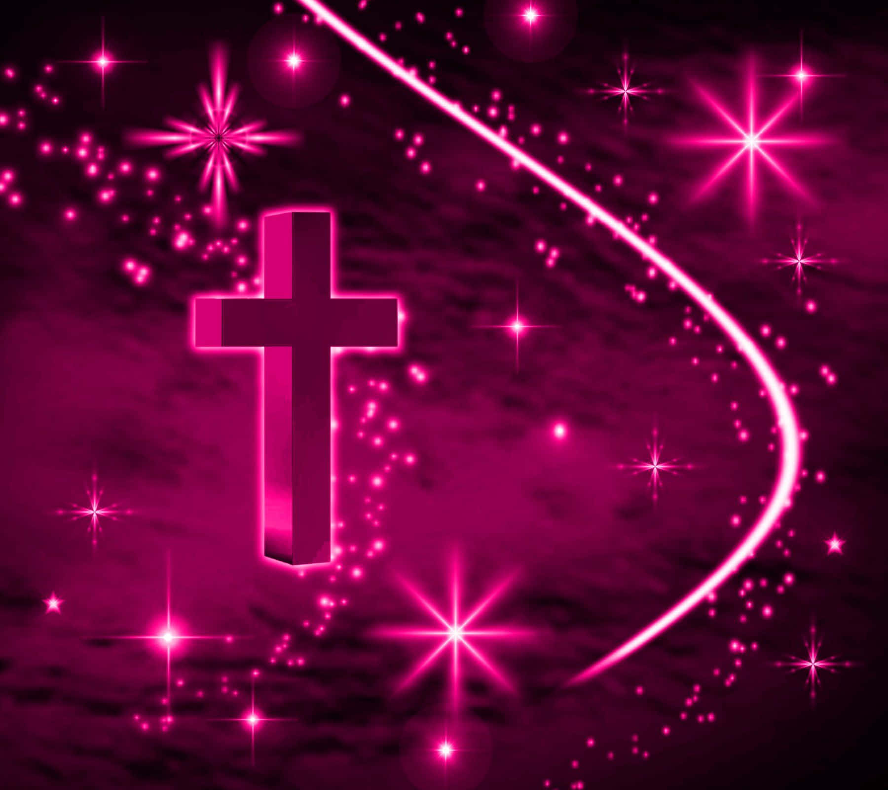 Pink Beautiful Cross, glowing pink cross, starry magenta background, HD Desktop Wallpaper