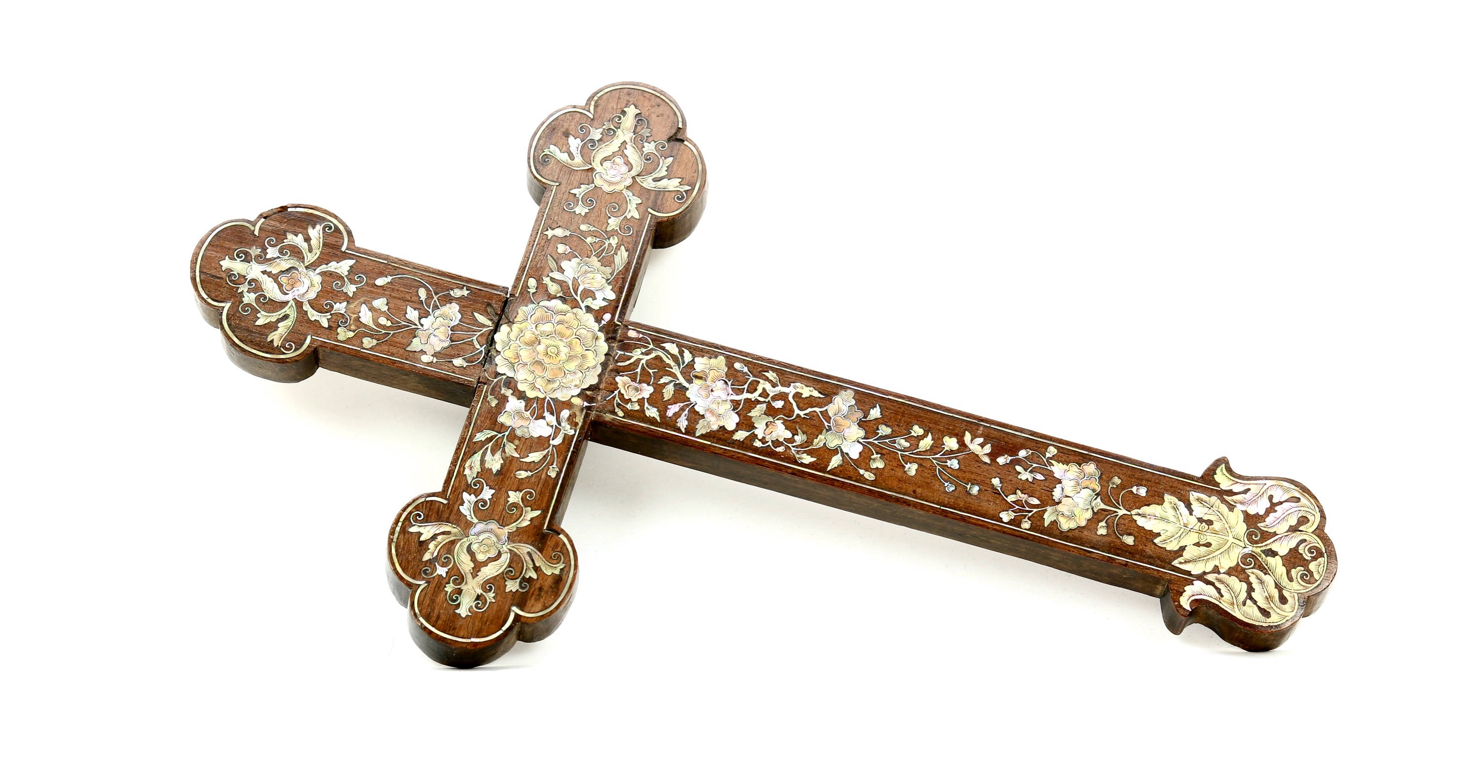 wooden cross, mother-of-pearl floral inlays, stark white background, 2K Desktop Wallpaper