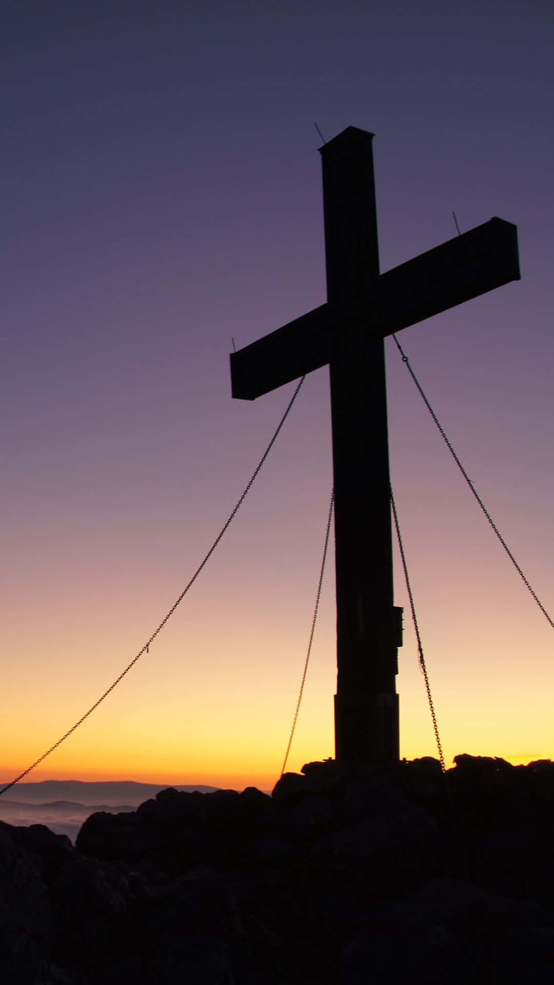 Beautiful Cross, purple sunset sky, rocky peak, Full HD Phone Wallpaper