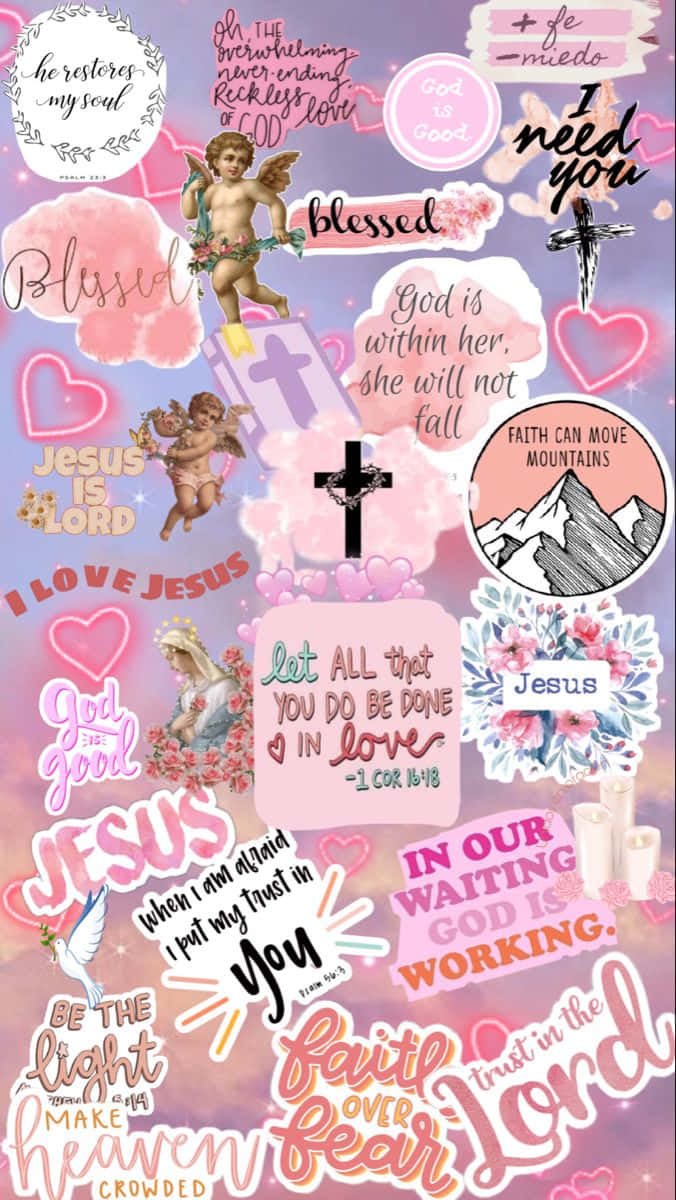 pink wooden cross, golden sunset, angelic cherubs, SD Phone Wallpaper