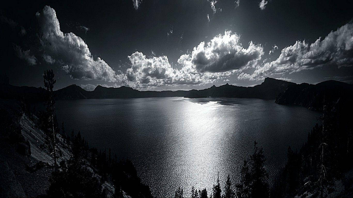grayscale lake, mountains, crater lake, HD Desktop Wallpaper