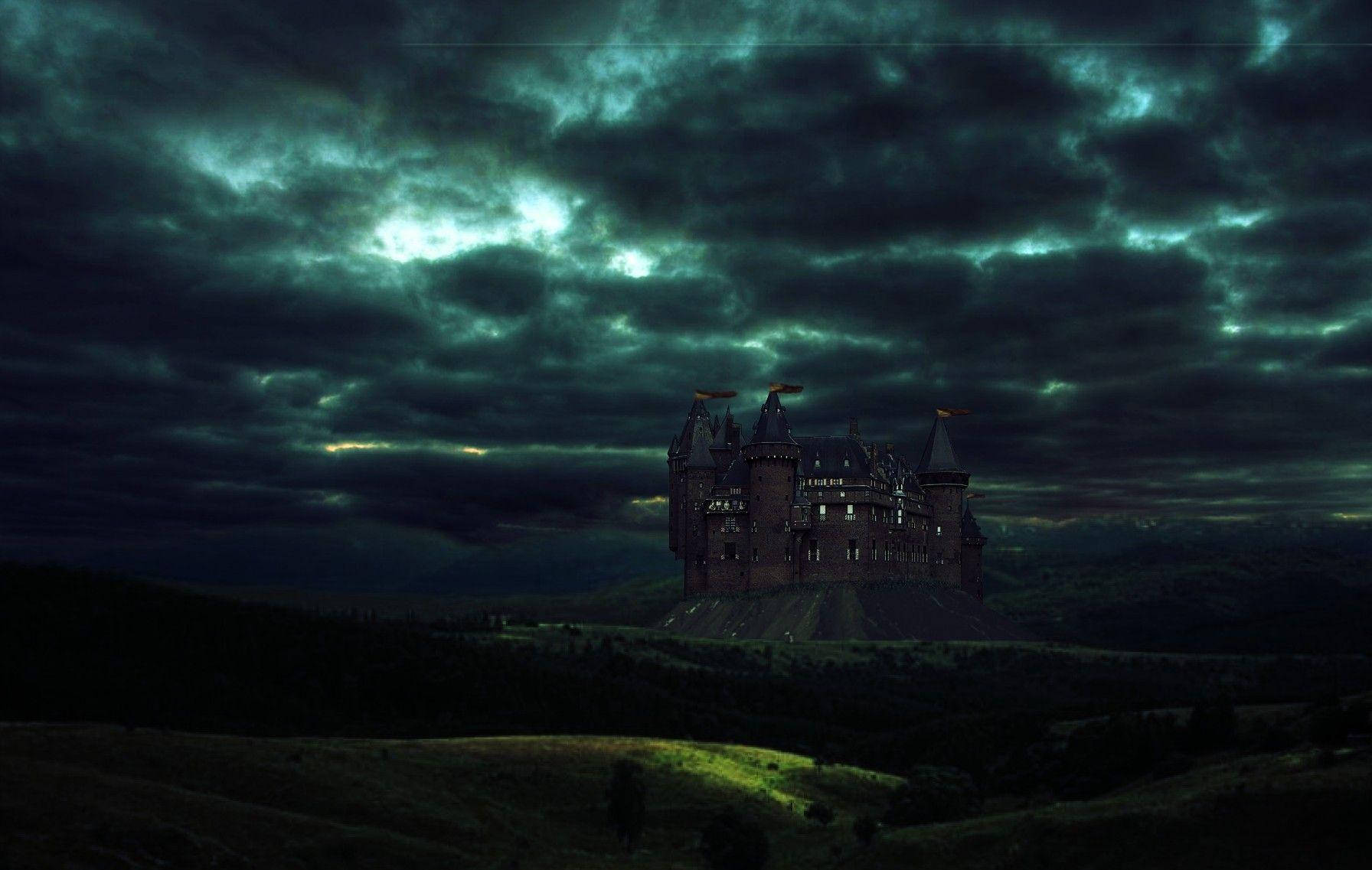 gothic castle, hill, stormy teal and black sky, HD Desktop Wallpaper