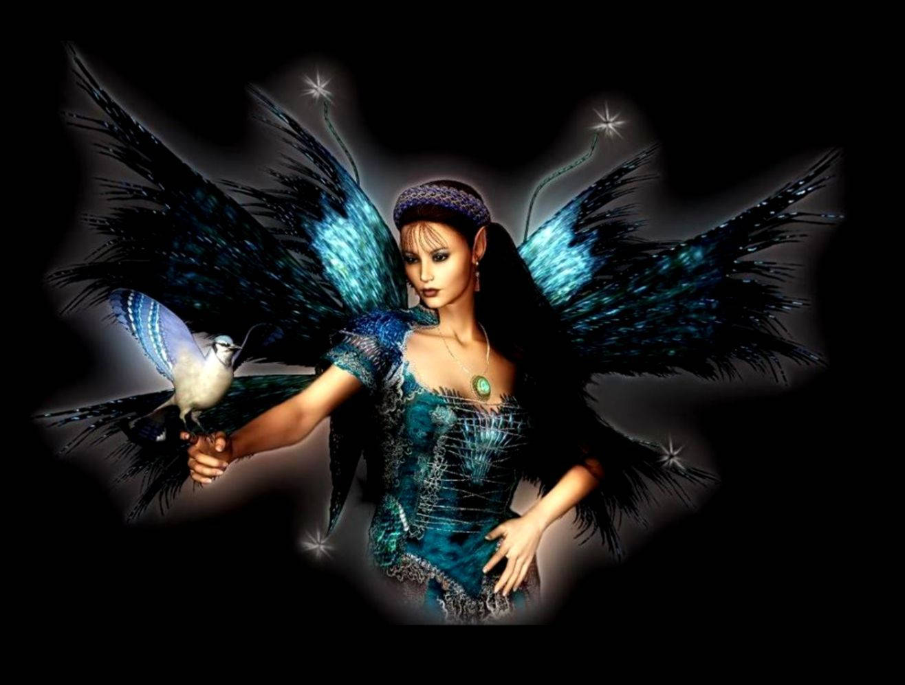 Beautiful Dark Fairy, blue wings, iridescent blue wings, HD Desktop Wallpaper