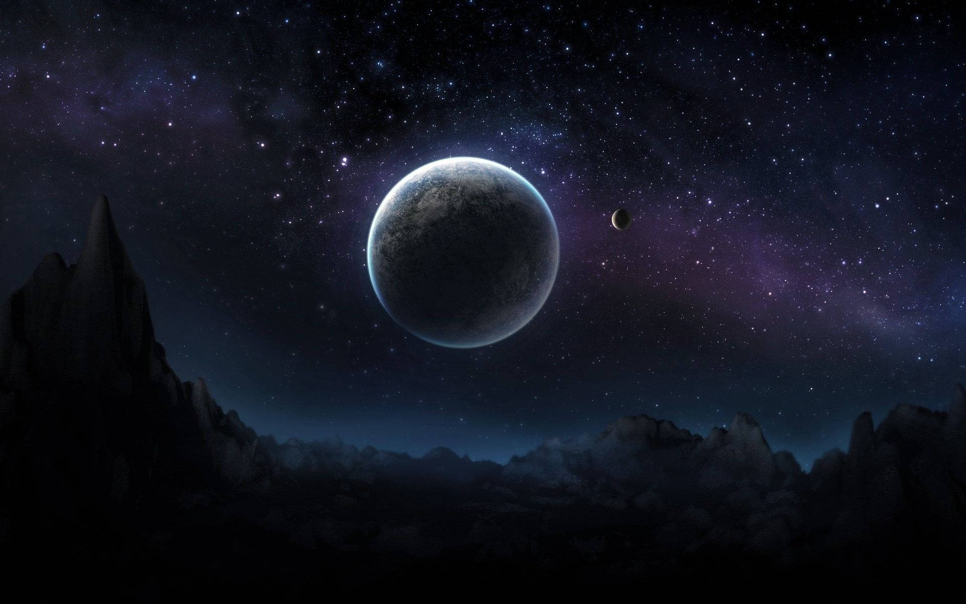 outer space, alien landscape, jagged mountains, Full HD Desktop Wallpaper