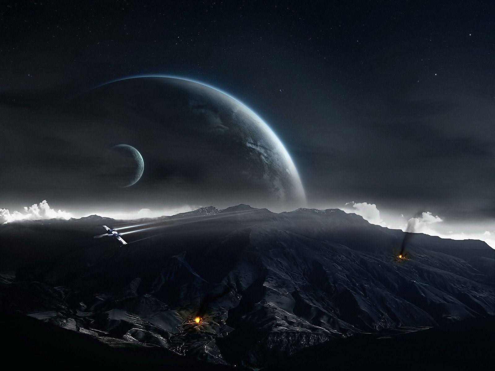 Beautiful Dark, spaceship, rugged alien mountain range, HD Desktop Wallpaper