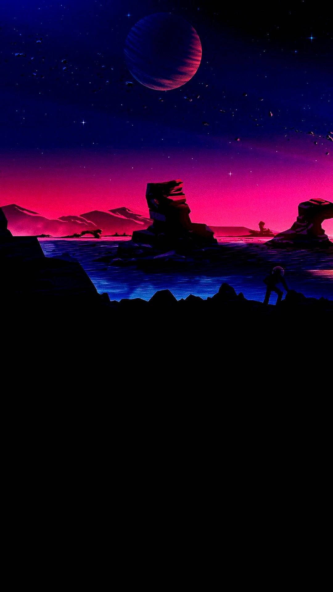 extraterrestrial ground, vibrant pink and purple sky, glowing planet, Full HD Phone Wallpaper