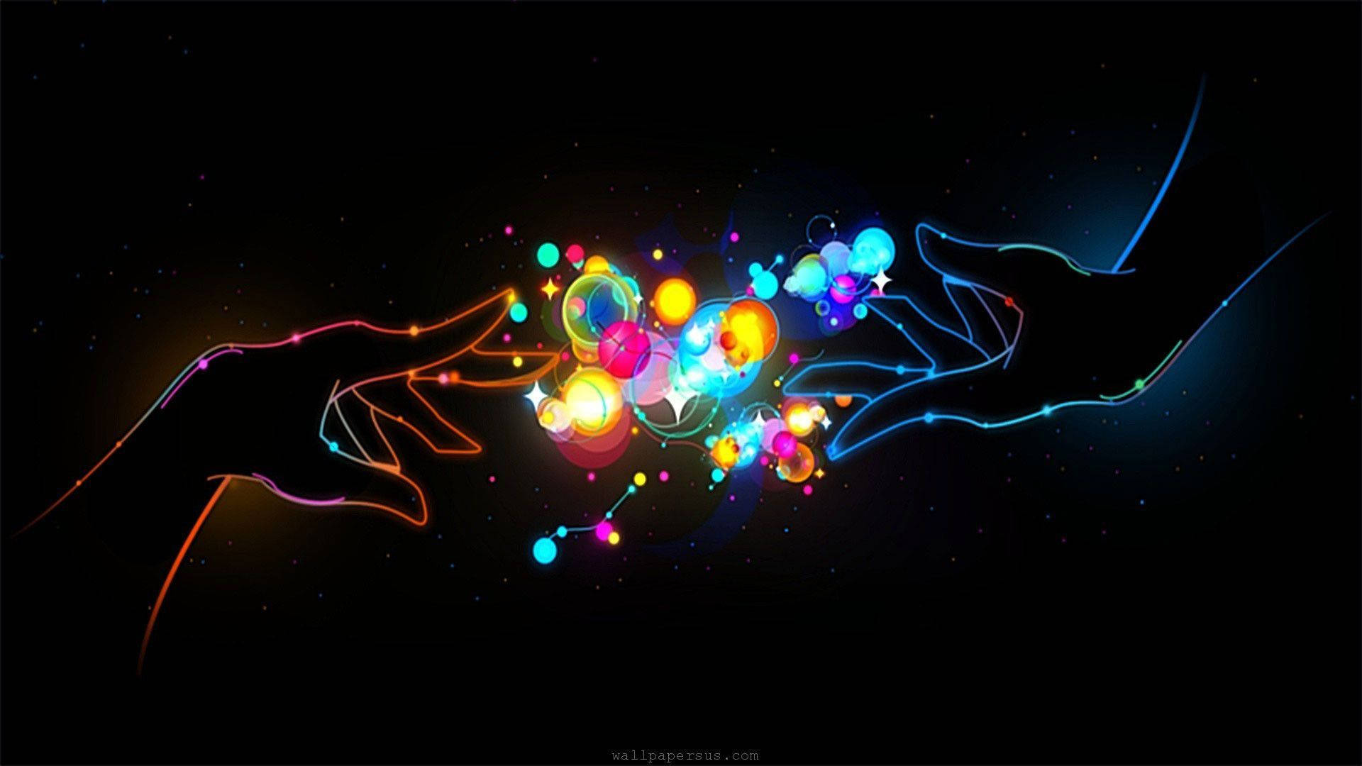 glowing hands, starry void, neon orbs, Full HD Desktop Wallpaper