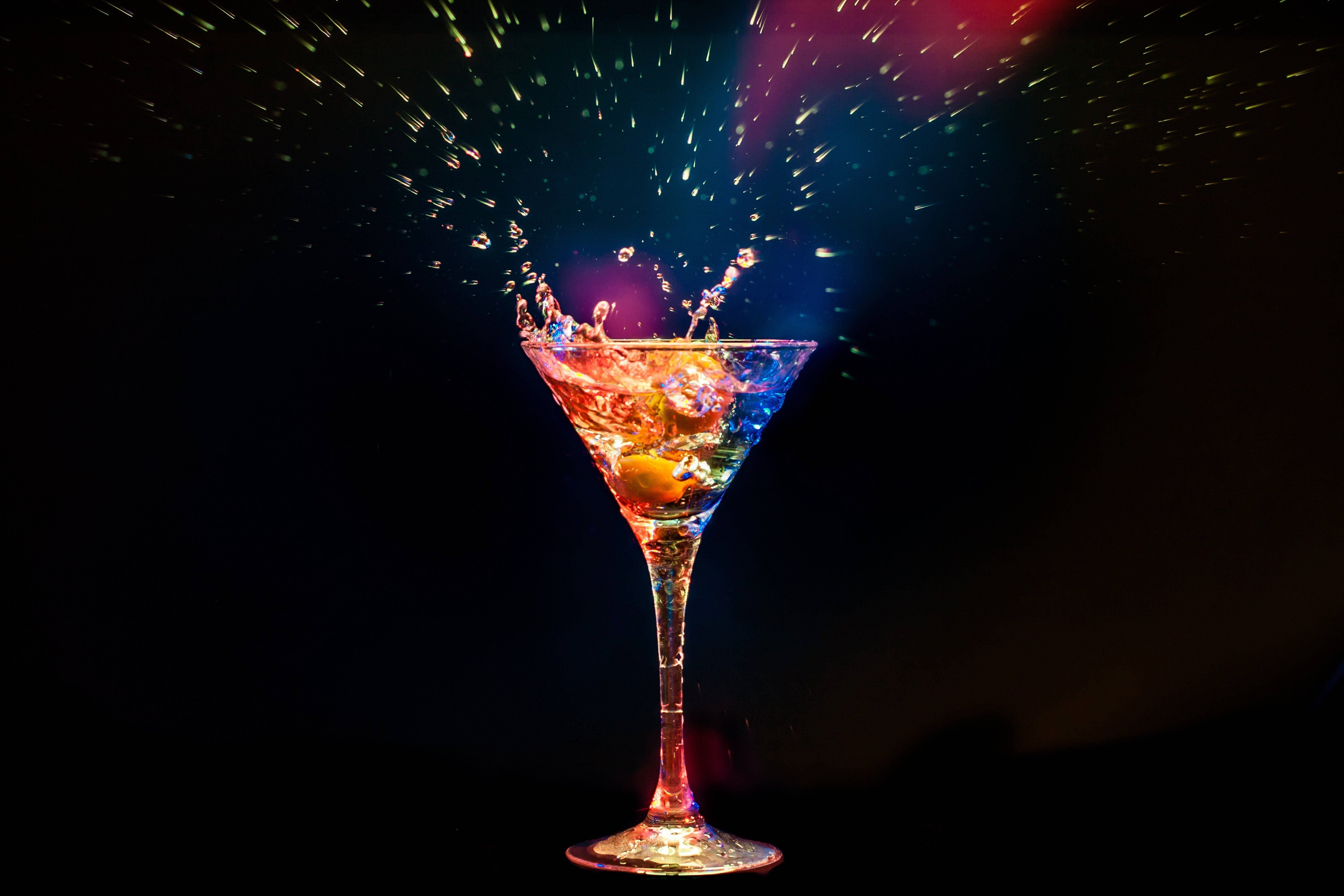 martini glass, colorful liquid, glittering sparks, 5K Desktop Wallpaper