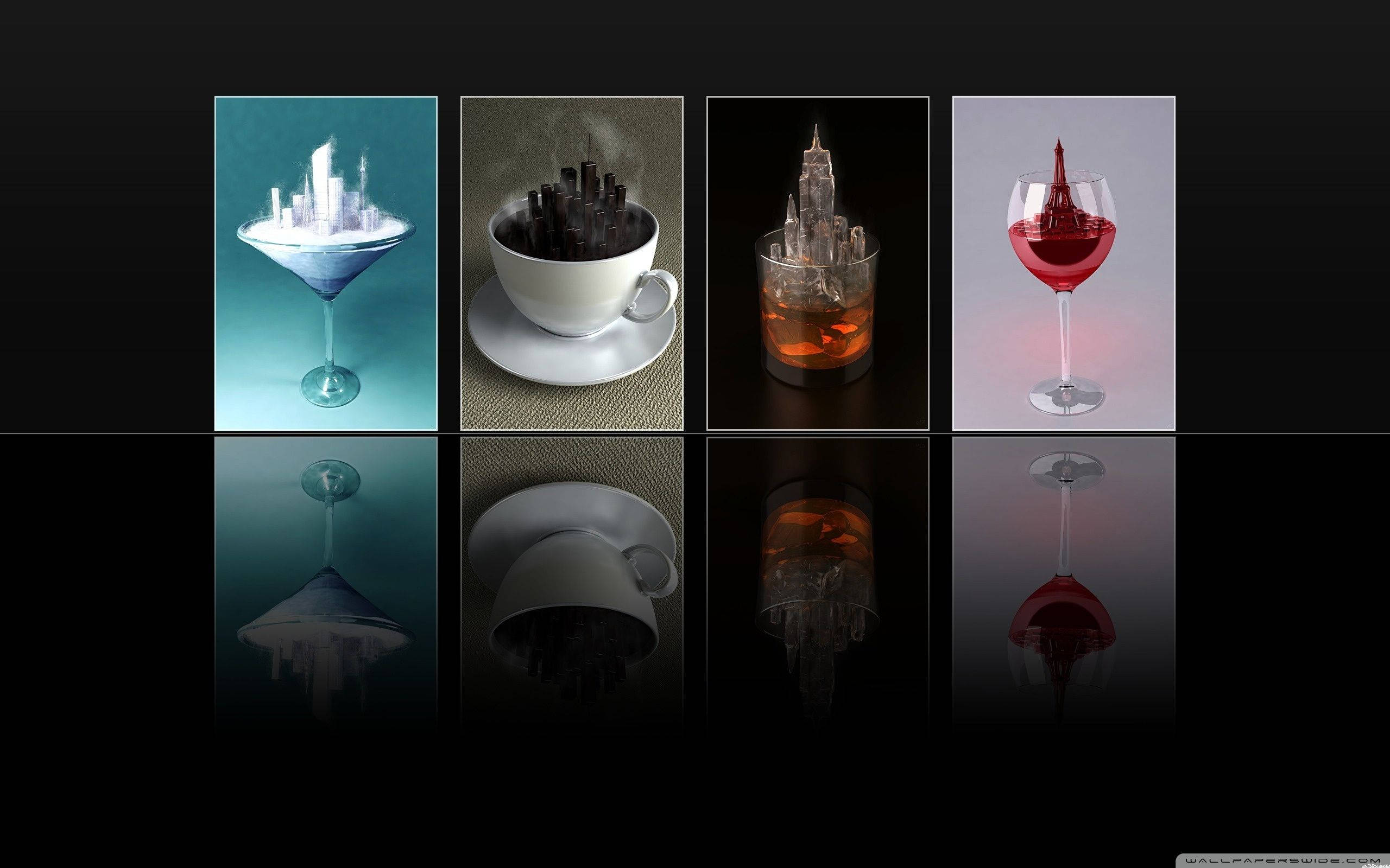 surreal drink vessels, miniature cityscapes, skyscrapers, 2K Desktop Wallpaper