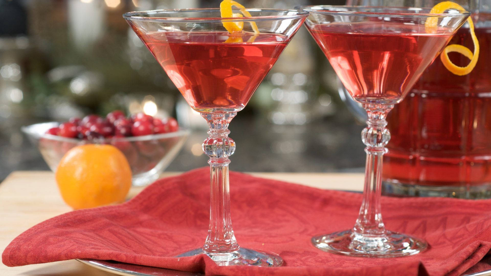 martini glasses, vibrant red cocktail, orange twists, Full HD Desktop Wallpaper