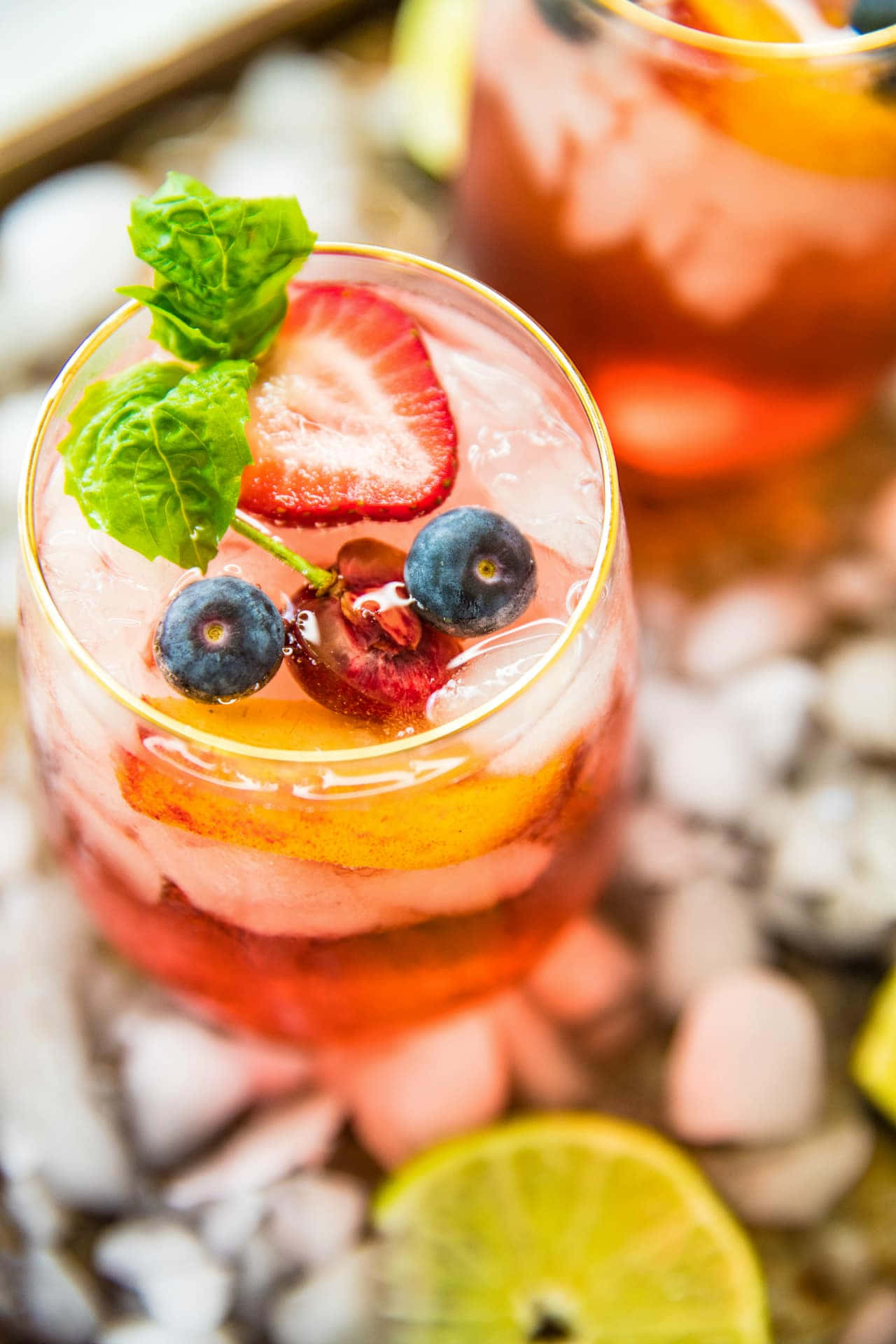 vibrant pink cocktail, gold-rimmed glass, fresh berries, Full HD Phone Wallpaper