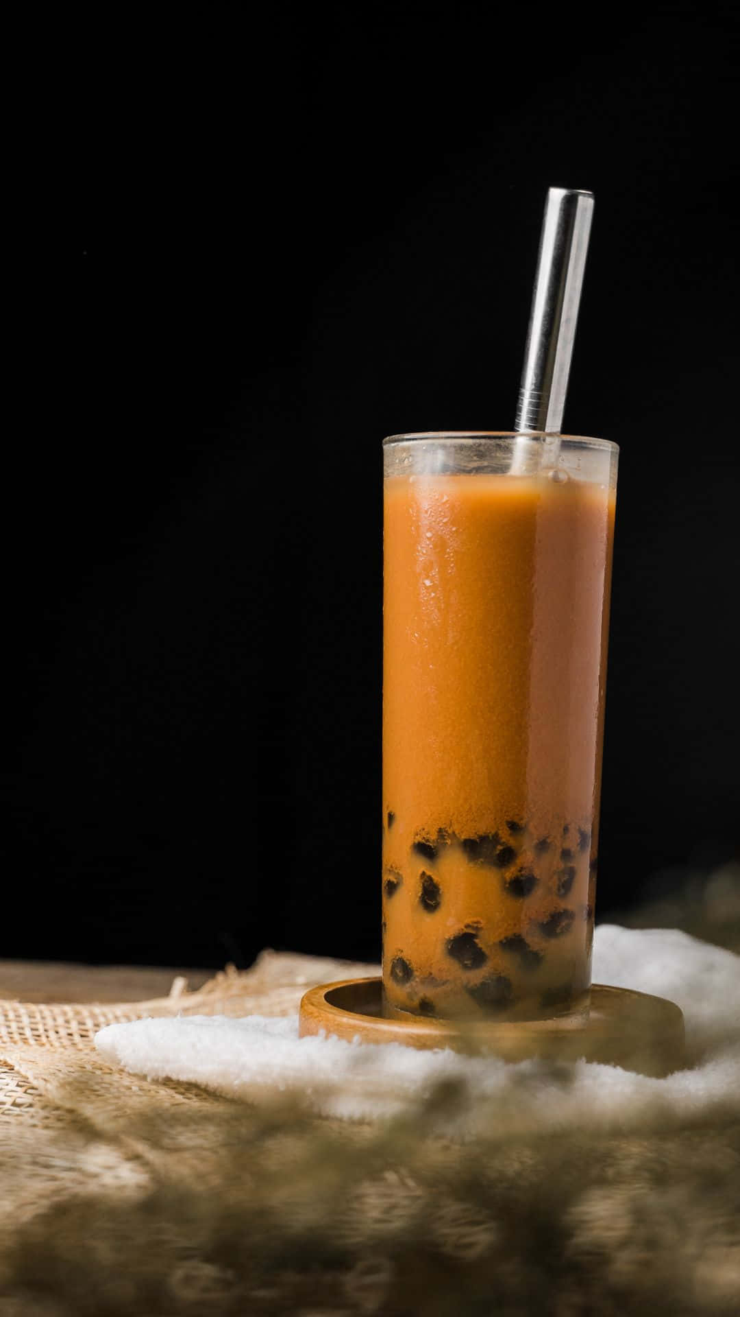 iced boba teain glass, creamy orange bubble tea, black tapioca pearls, Full HD Phone Wallpaper