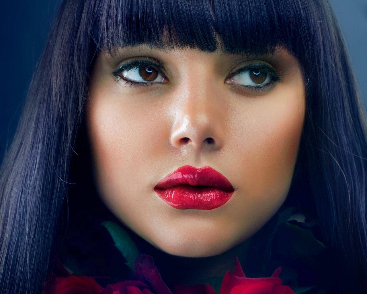 brunette woman, bangs, dark hair, HD Desktop Wallpaper