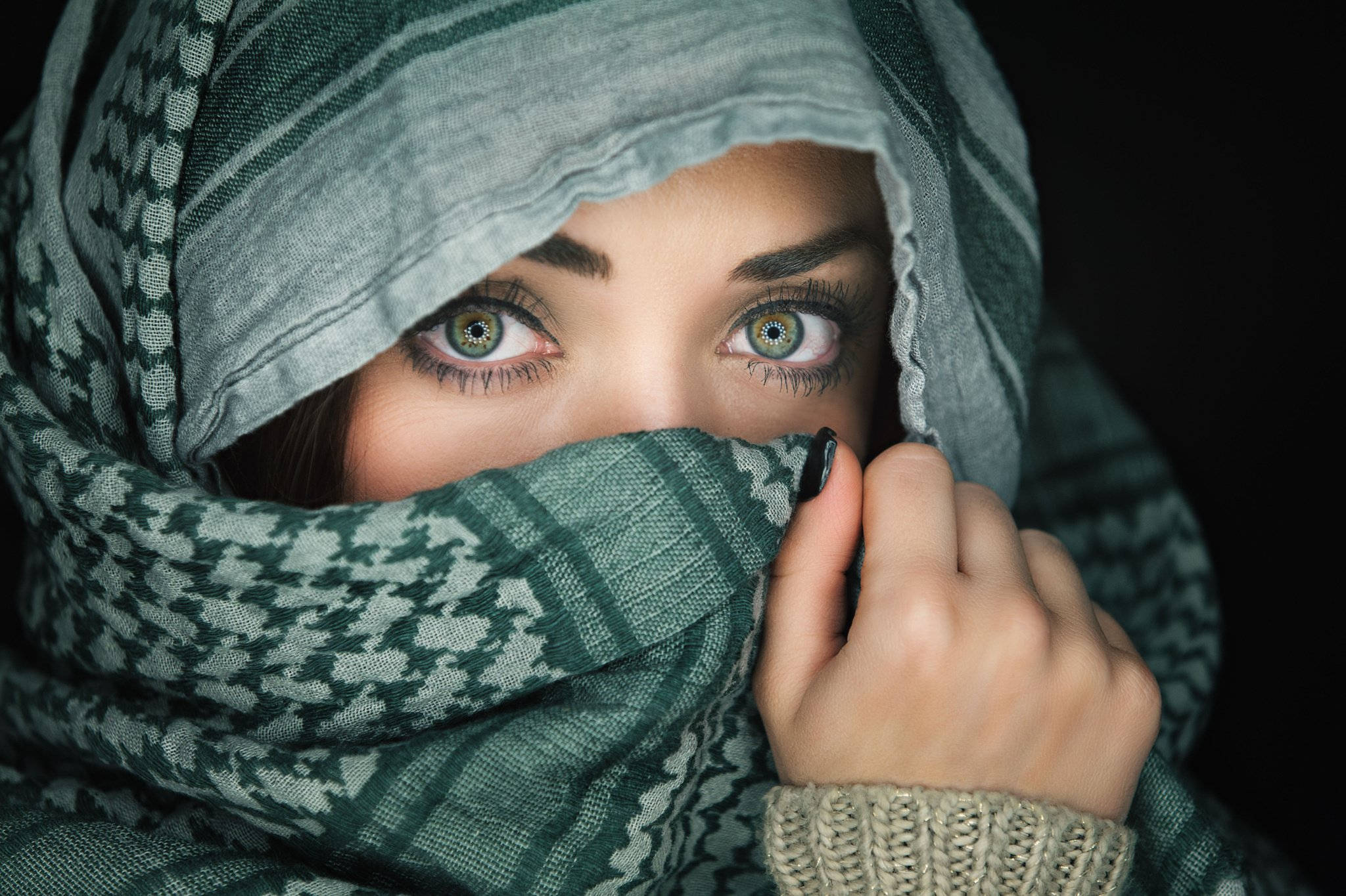 beautiful face, green scarf, patterned green scarf, Full HD Desktop Wallpaper