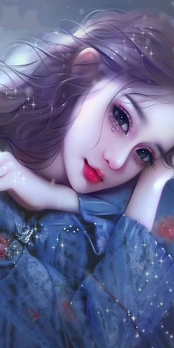 3D Anime Girl, purple hair, red lips, HD Phone Wallpaper