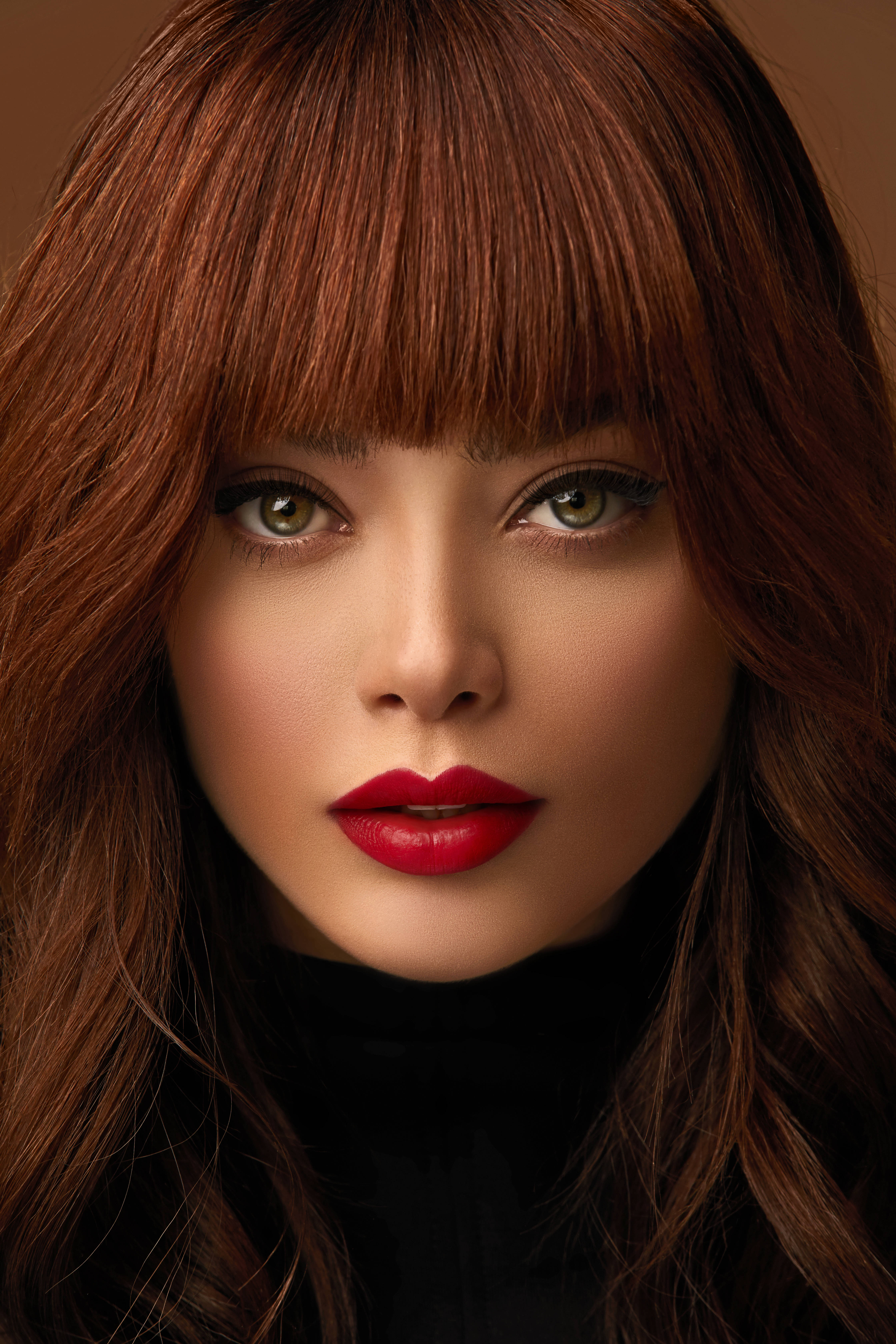 red hair, auburn hair, bold red lips, 5K Phone Wallpaper