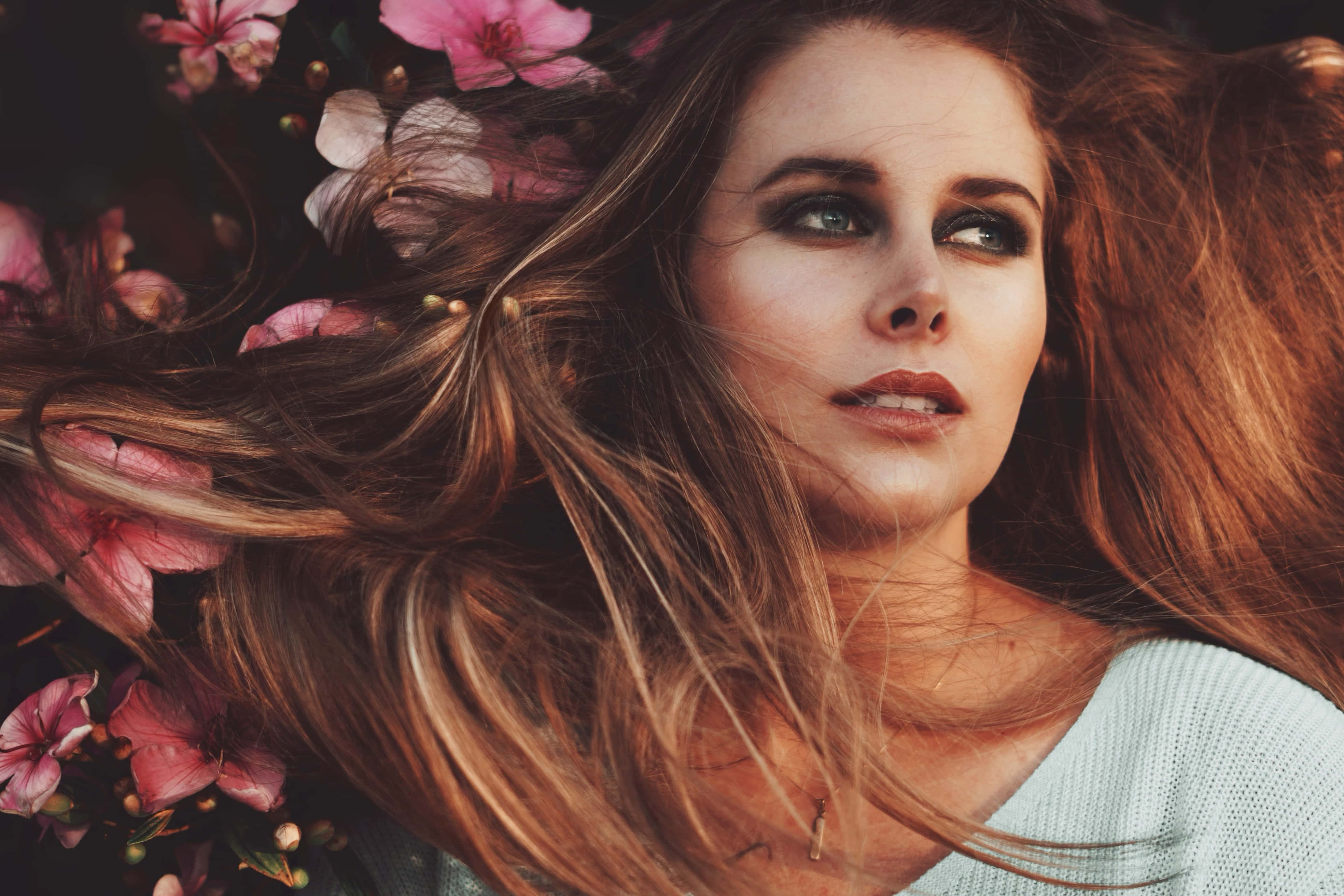 woman, floral backdrop, pink blossoms, 4K Desktop Wallpaper