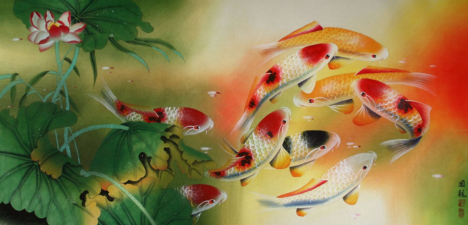 koi fish, lily pads, pink lotus, HD Desktop Wallpaper