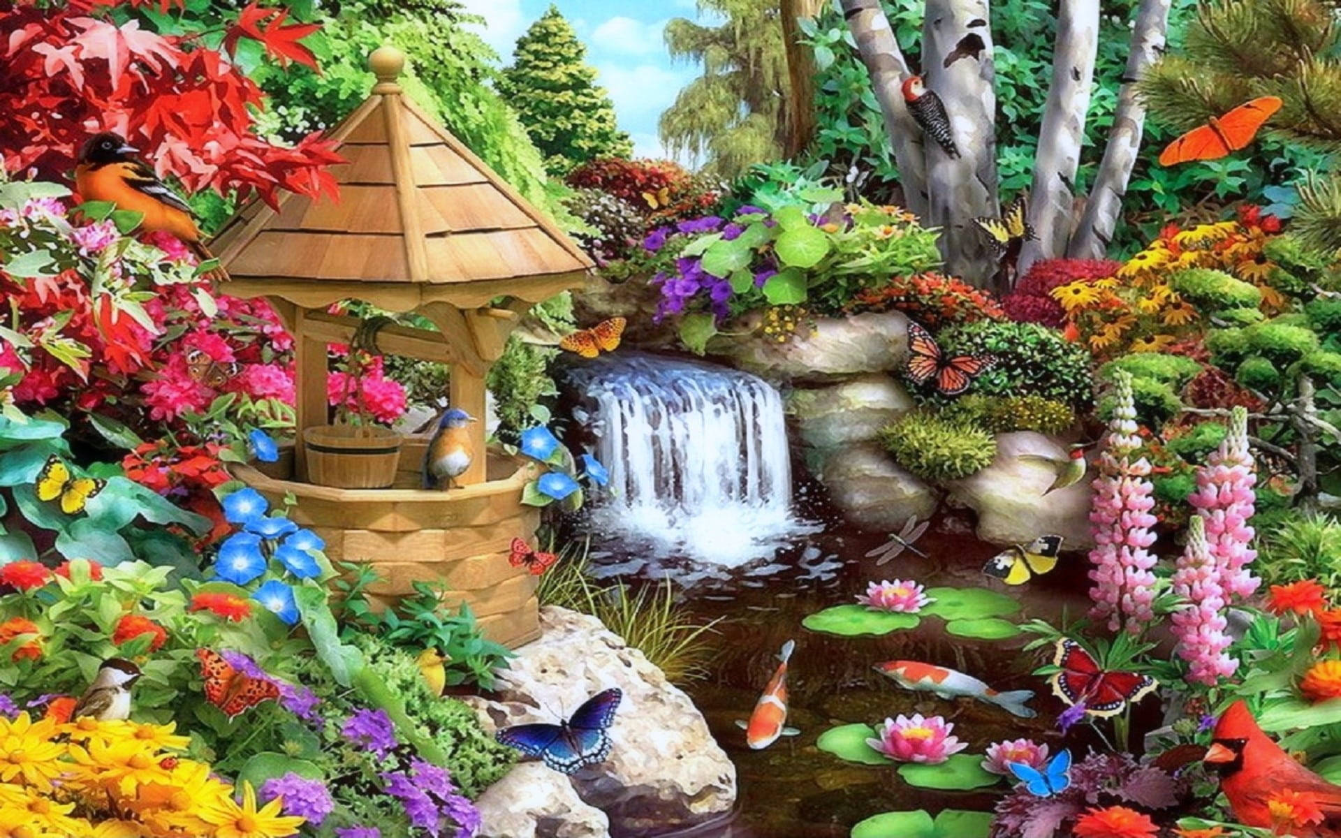 garden, wooden well, waterfall, Full HD Desktop Wallpaper