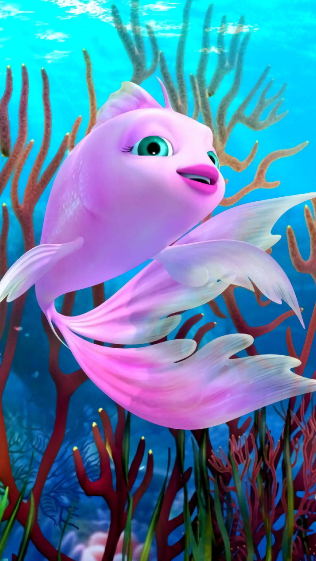 Beautiful Fish Cartoons, pink animated fish, vibrant coral reefs, Full HD Phone Wallpaper