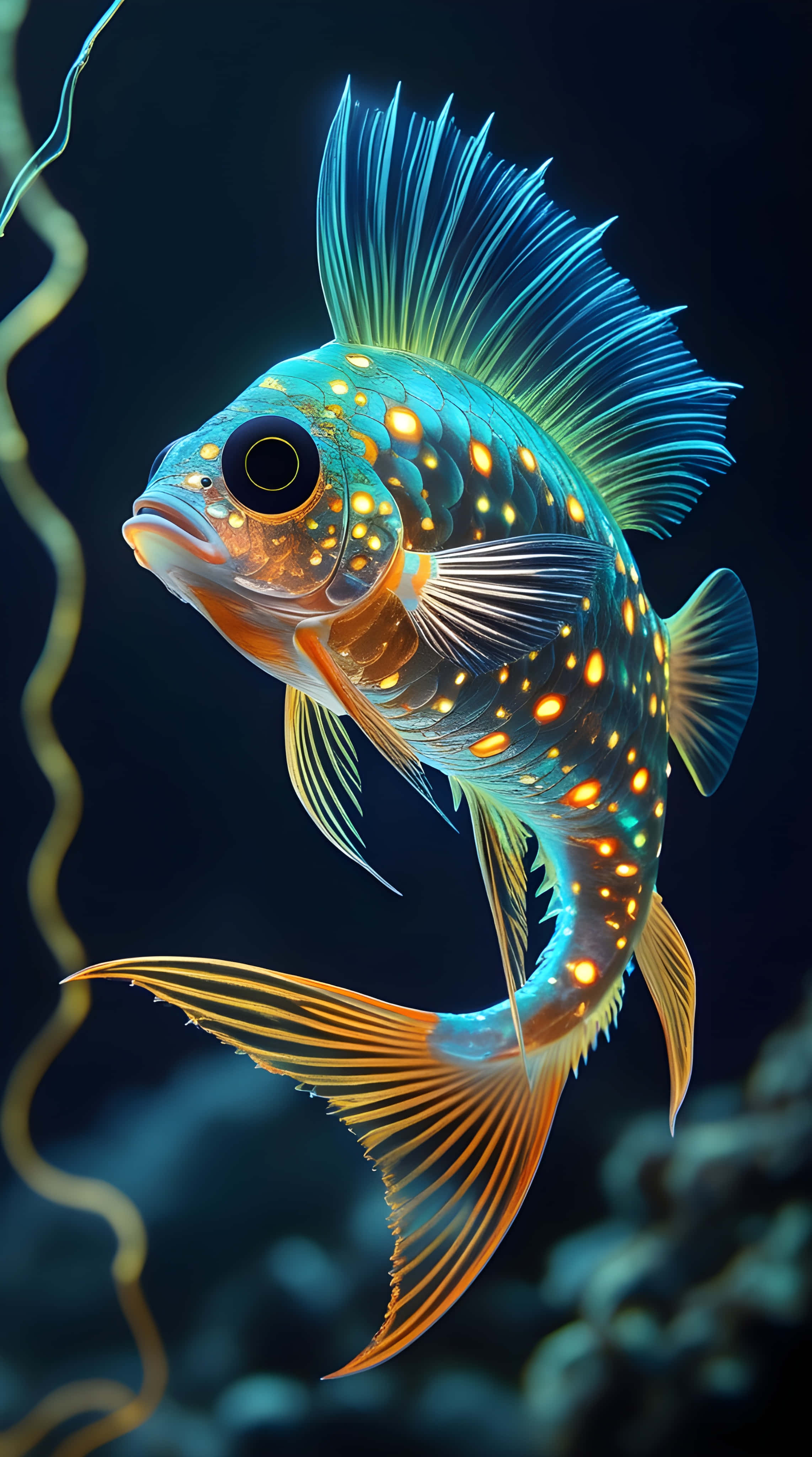luminous blue fish, glowing orange spots, flowing fins, 4K Phone Wallpaper