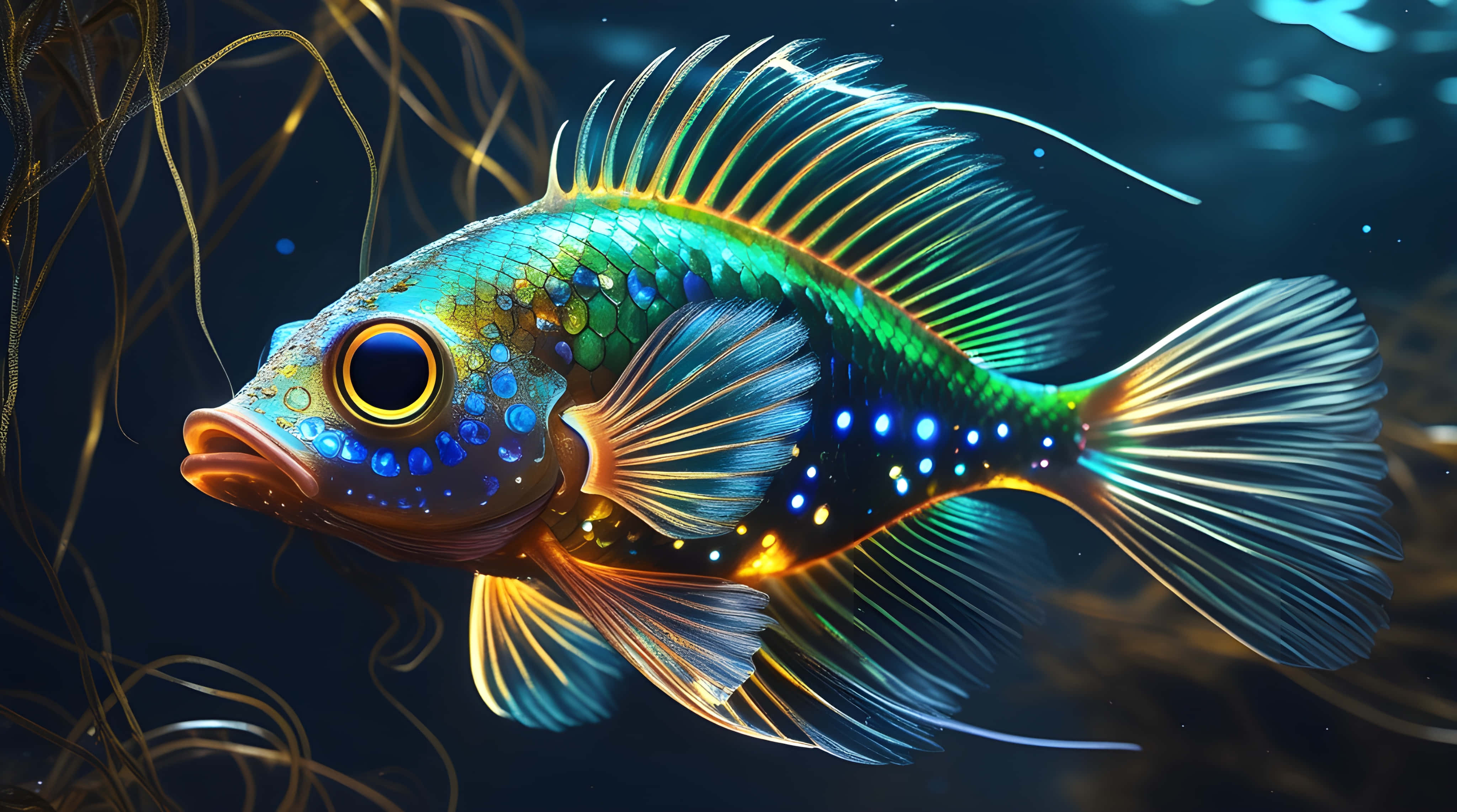 beautiful fish, iridescent fish, glowing blue spots, 4K Desktop Wallpaper