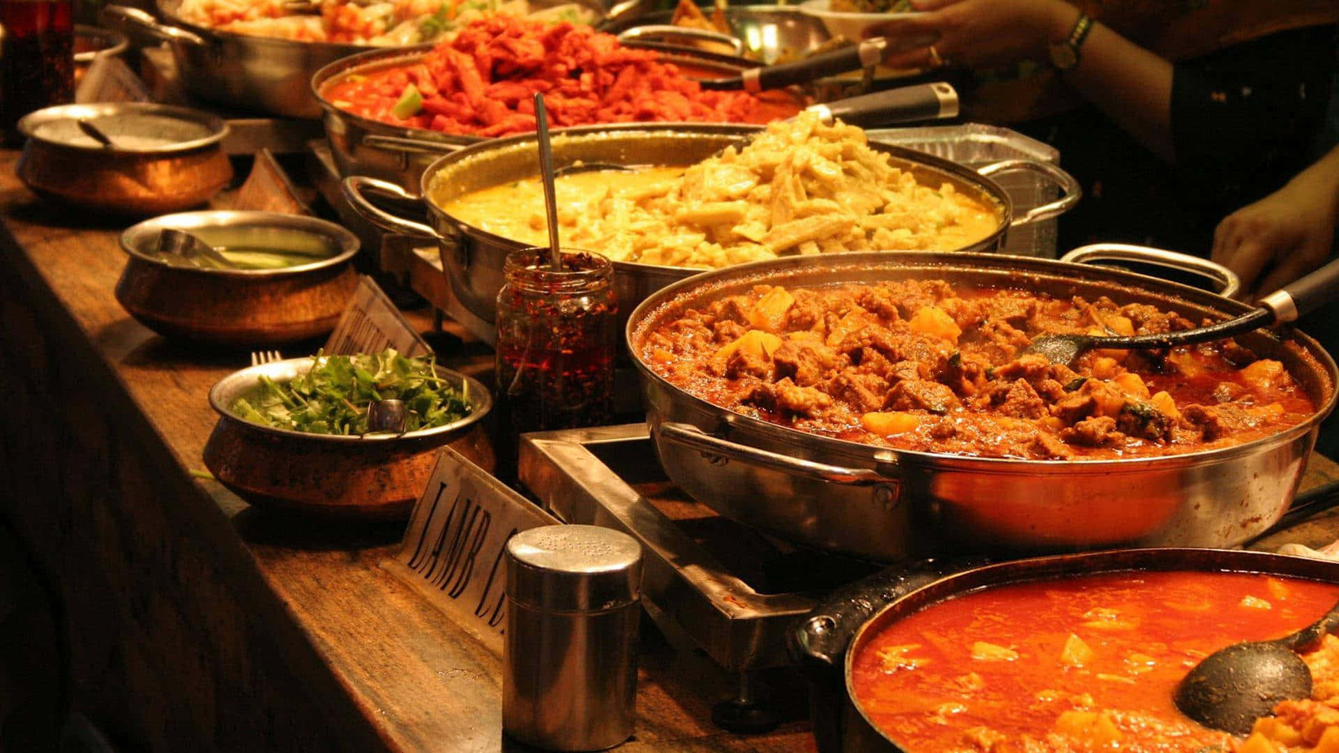Indian cuisine, buffet table, steaming metal pots, Full HD Desktop Wallpaper