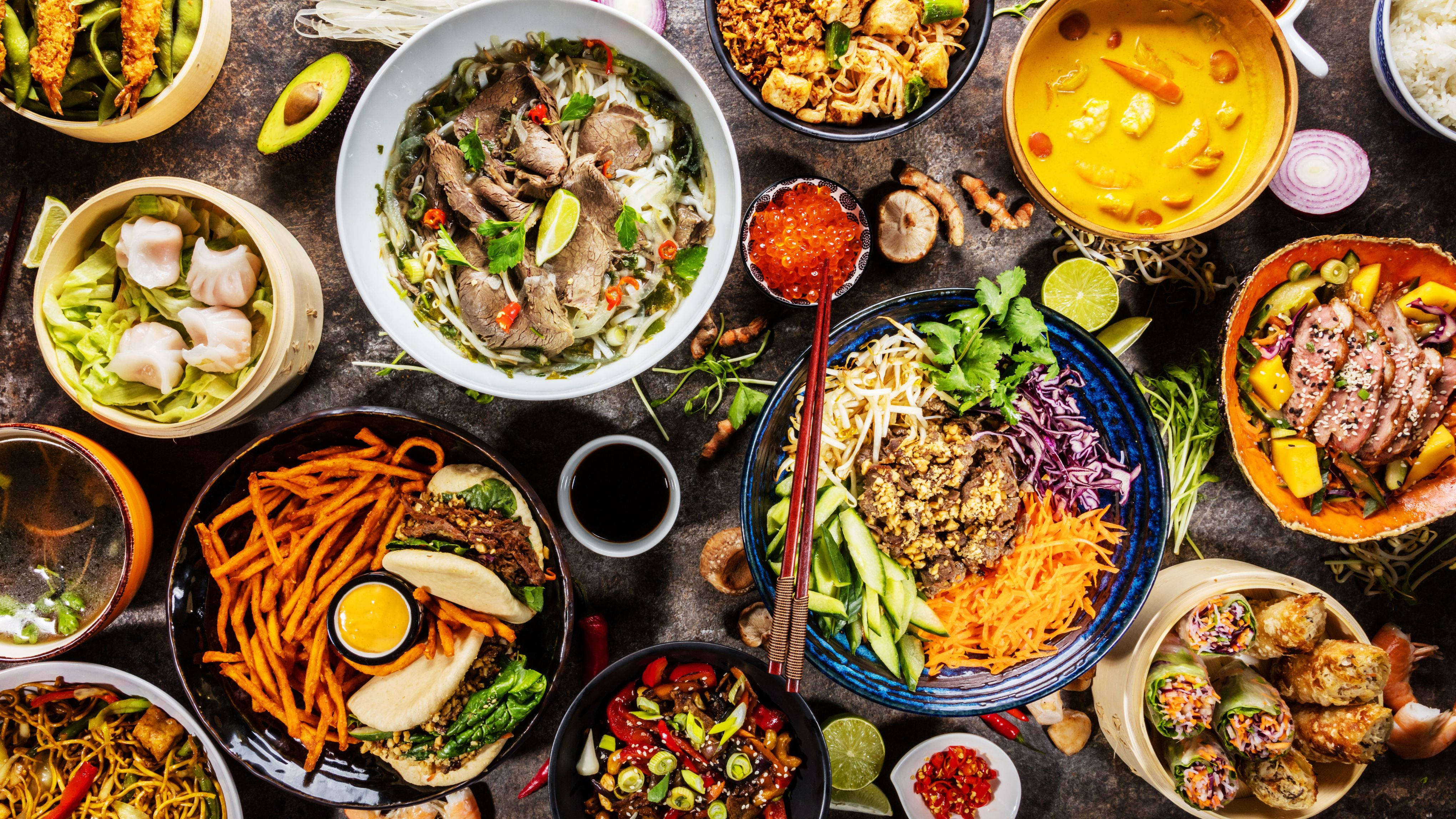 Asian food, large plate, colorful garnishes, 4K Desktop Wallpaper