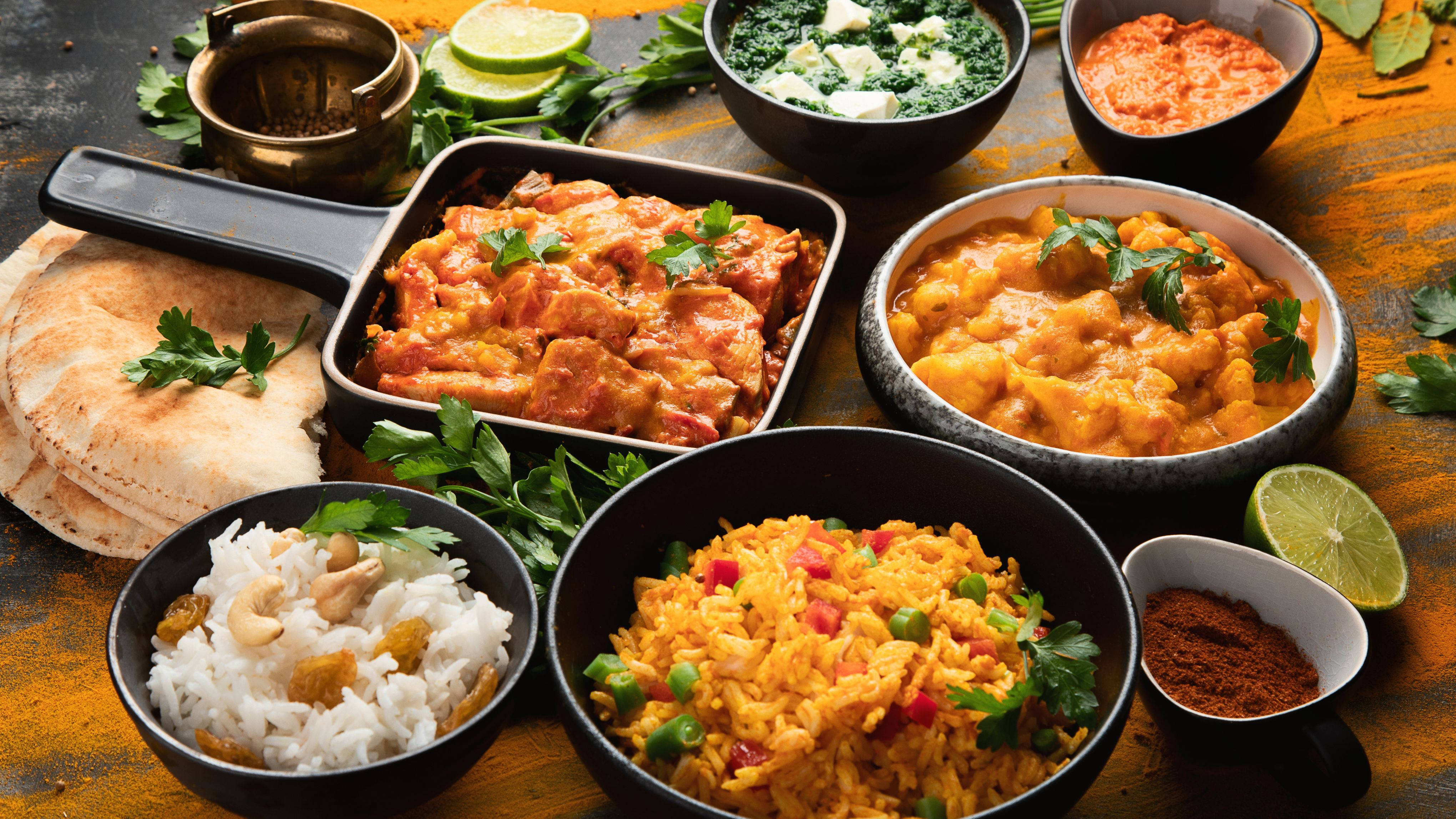 Indian dishes, curry, rice, 4K Desktop Wallpaper
