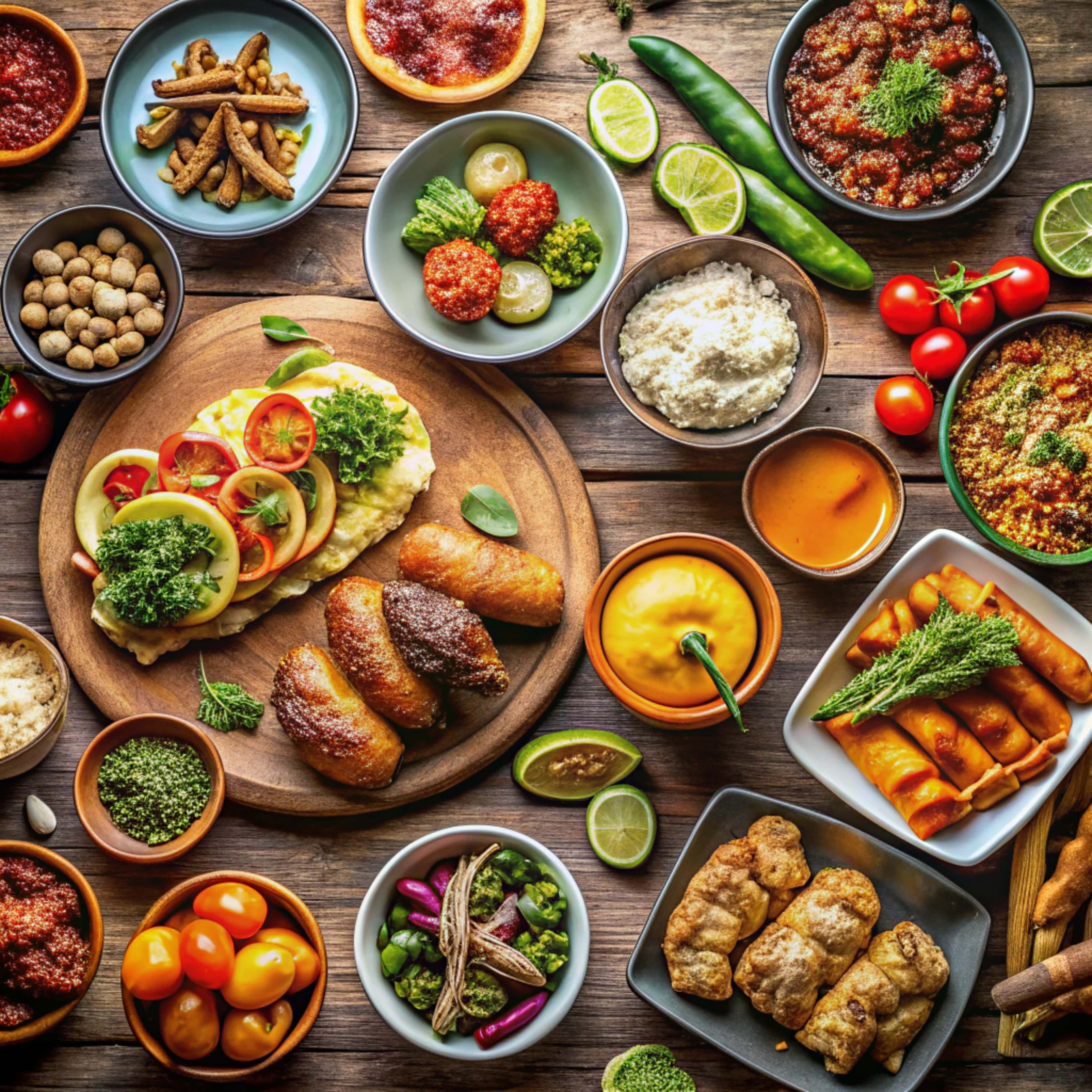 rustic wooden table, colorful global dishes, fried rolls, 4K Desktop Wallpaper
