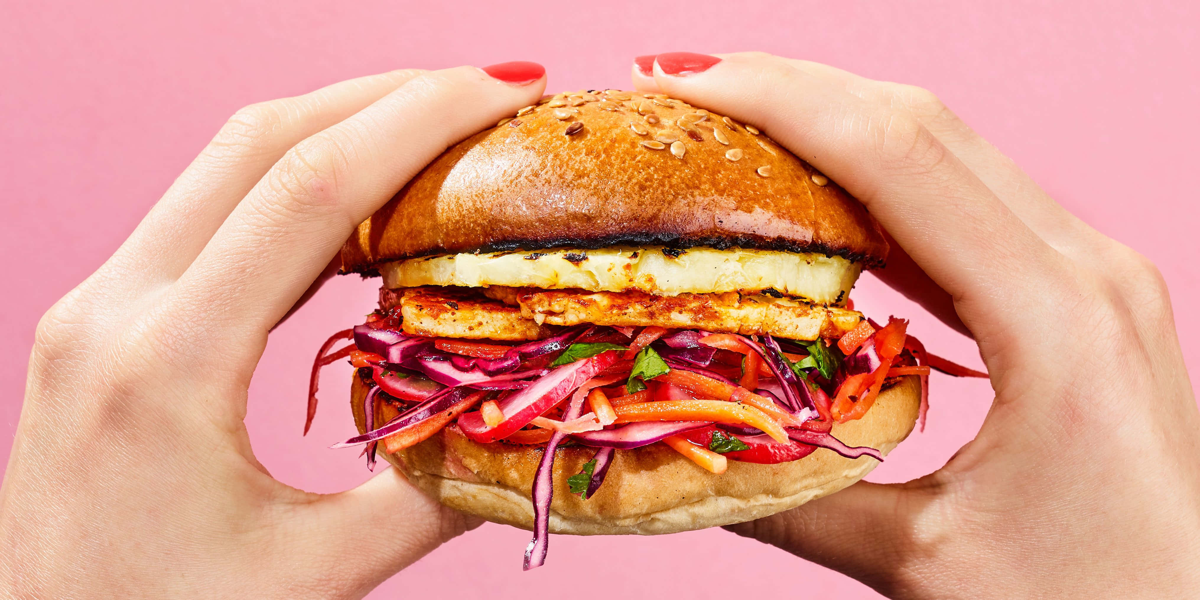 vegan burger, red nails, soft pink background, 4K Desktop Wallpaper