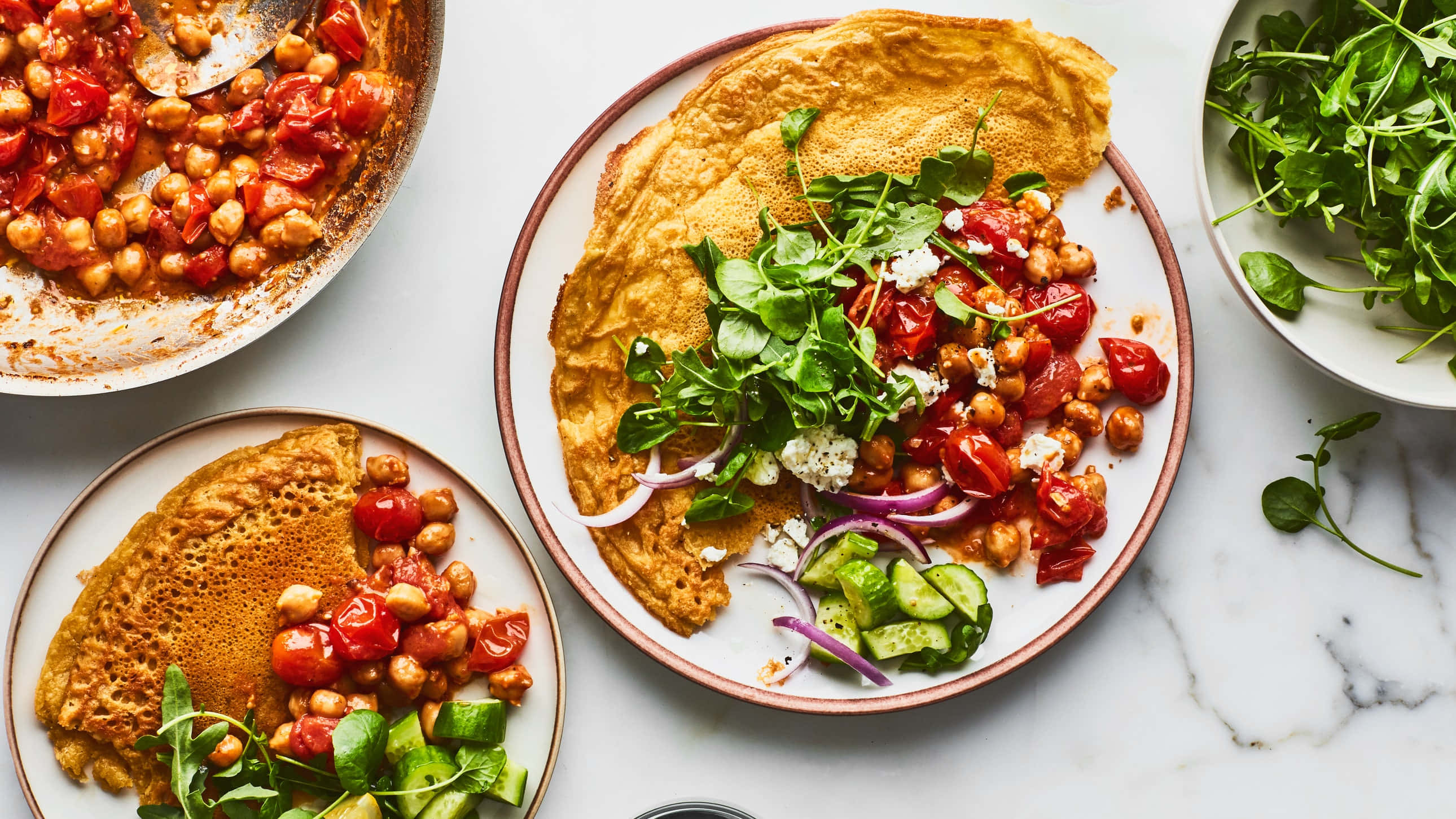 chickpea tomato crepes, arugula feta, sliced cucumber, 2K Desktop Wallpaper