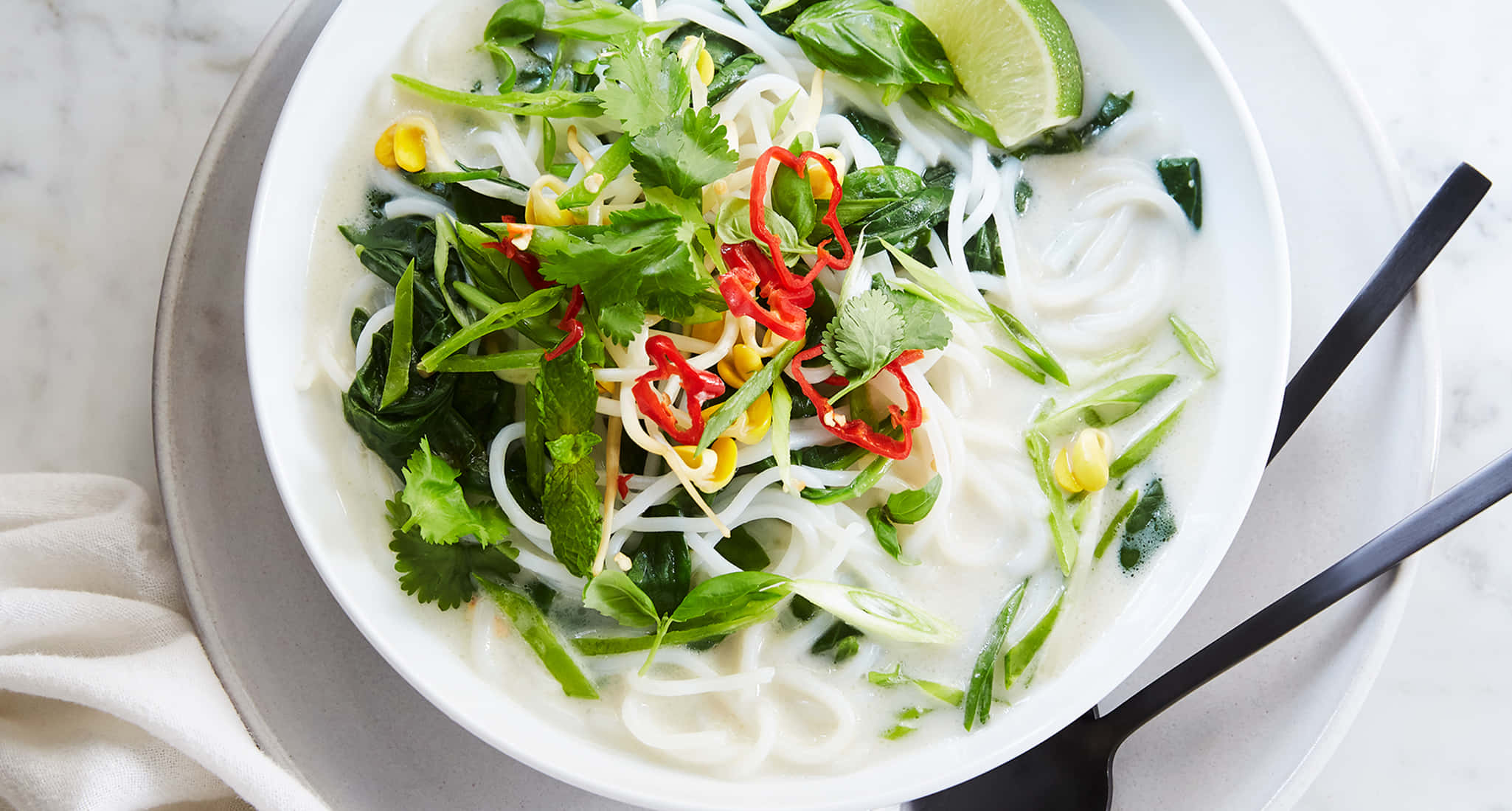 noodle soup, fresh cilantro, lime, Full HD Desktop Wallpaper