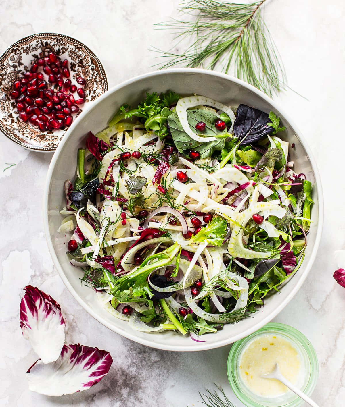 fennel and pomegranate salad, white bowl, fresh herbs, HD Phone Wallpaper