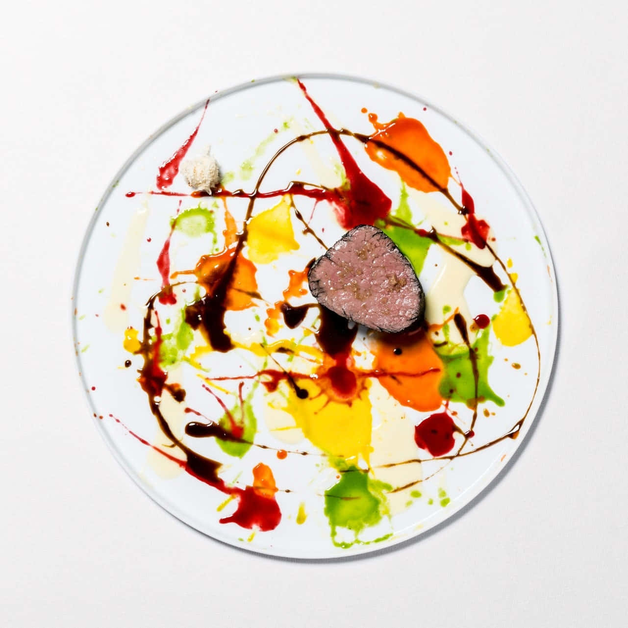 truffle, white plate, red orange yellow and green sauces, HD Desktop Wallpaper