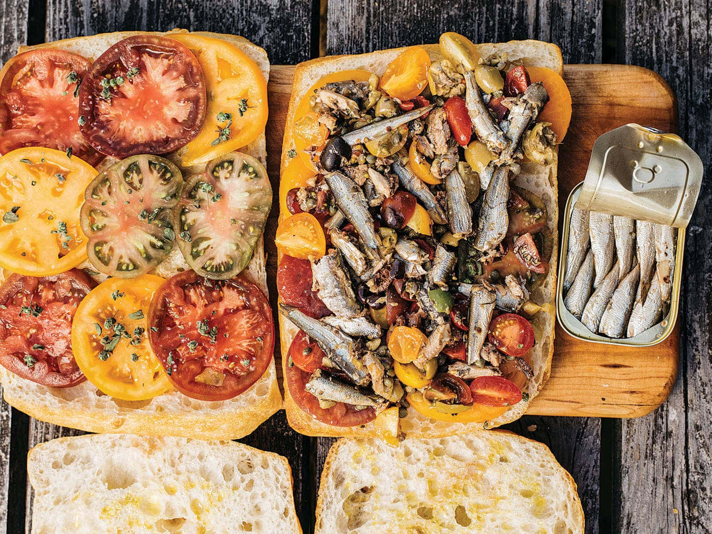 heirloom tomatoes, sardines, rustic wooden board, HD Desktop Wallpaper