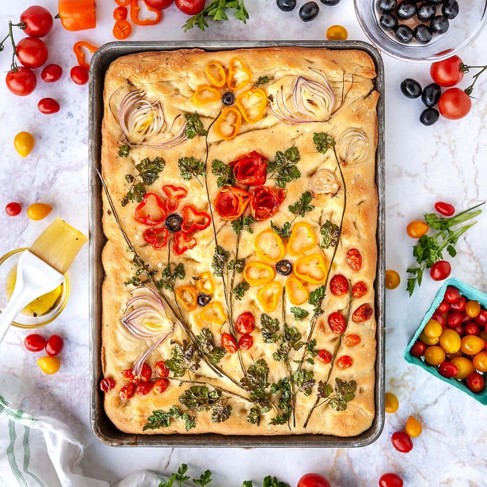golden focaccia bread, colorful bell peppers, olives, SD Desktop Wallpaper