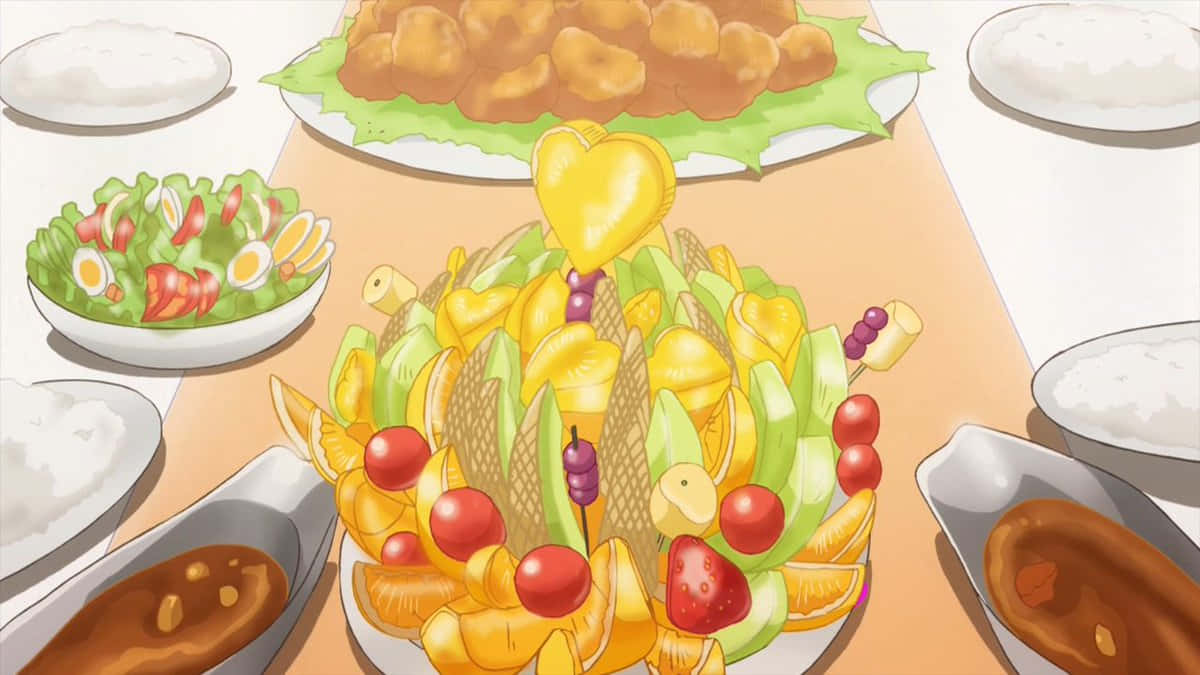 Anime Feast Spread, heart-shaped centerpiece salad, fried chicken, SD Desktop Wallpaper
