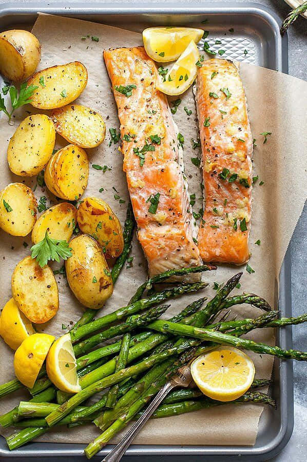 grilled salmon fillets, roasted potatoes, asparagus, SD Phone Wallpaper