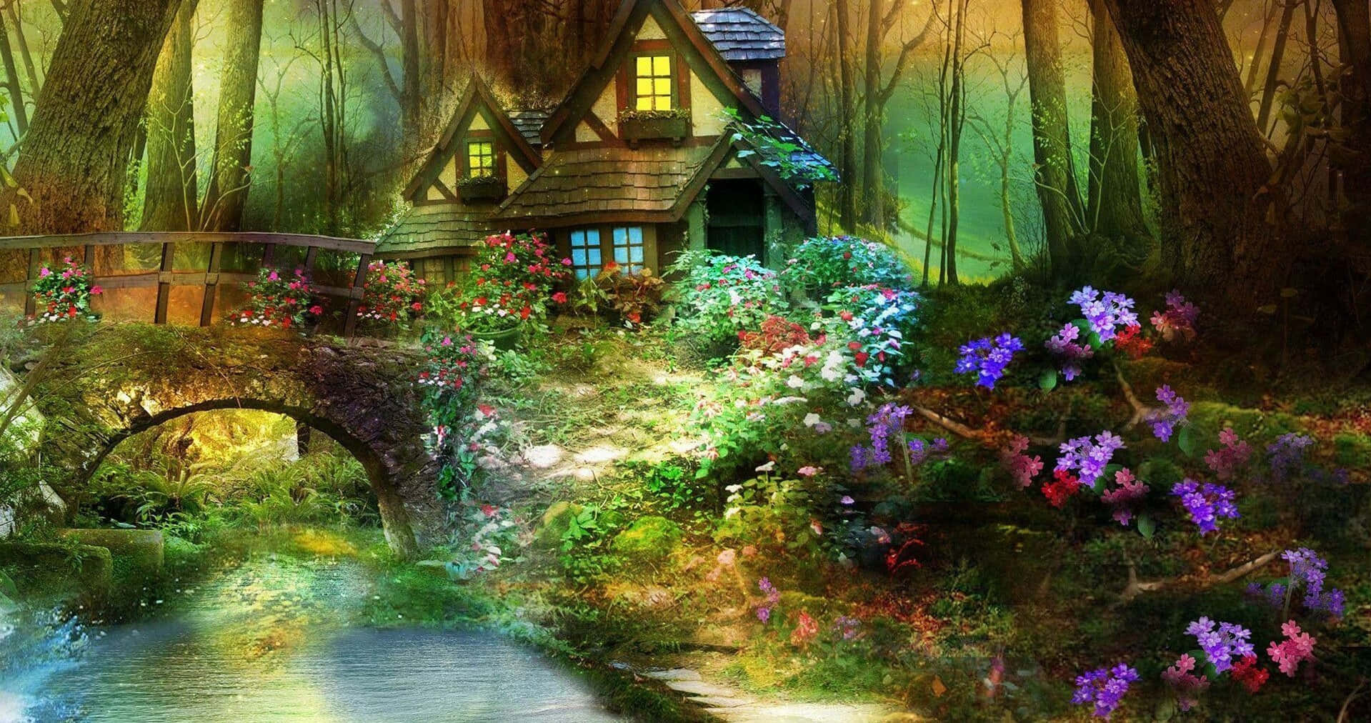 beautiful forest, cozy cottage, lush forest, HD Desktop Wallpaper