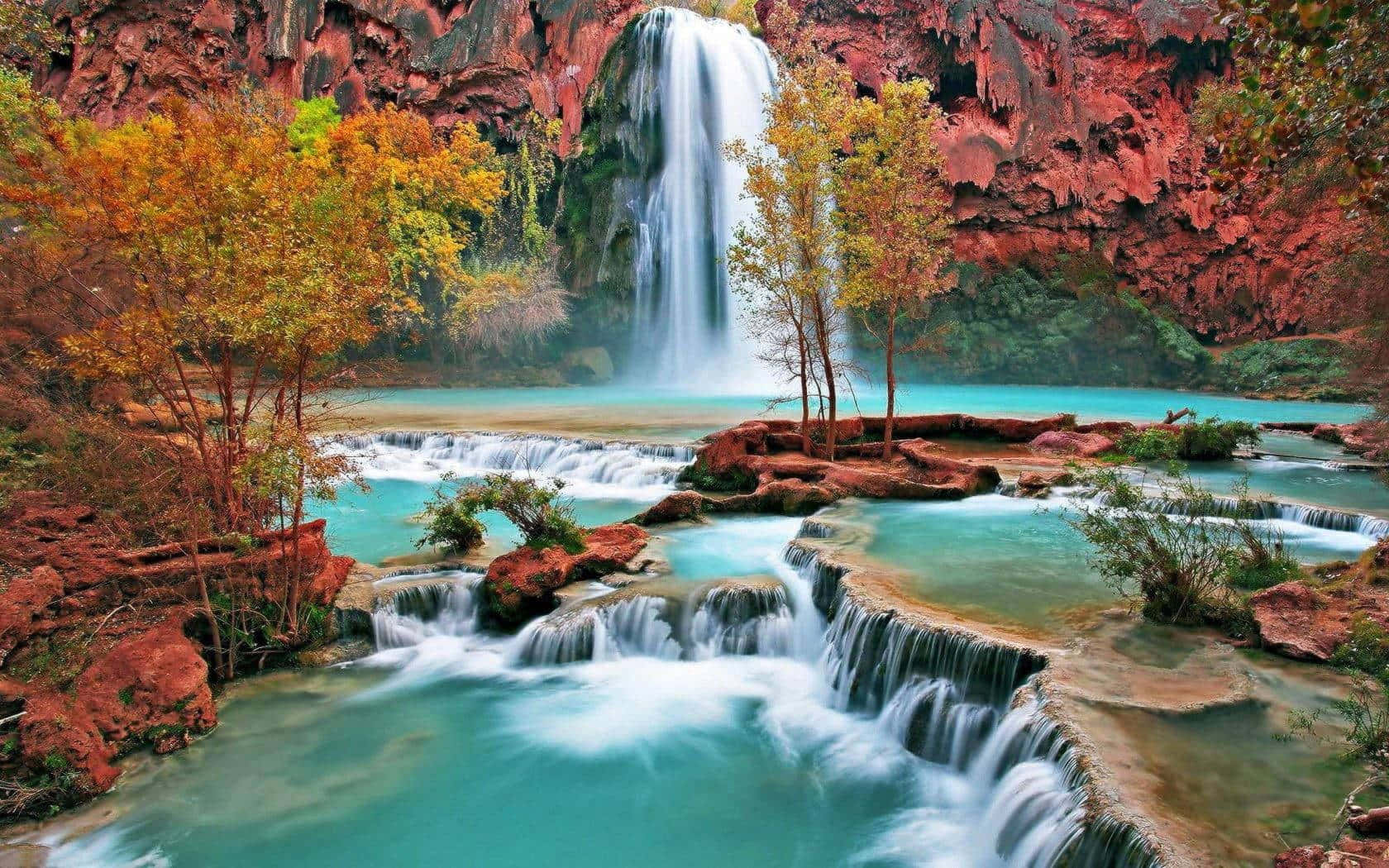 beautiful forest, turquoise waterfall, red rock formations, HD Desktop Wallpaper